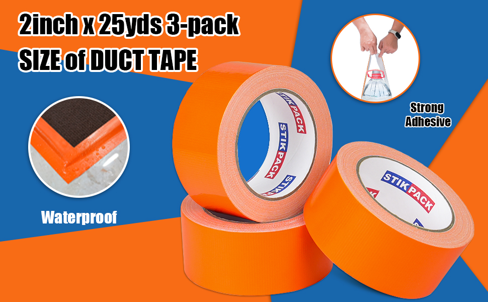 Image of 3 Rolls Orange Duct Tape, Heavy Duty Strong Industrial Colored Duct Tape 9mil x 2inch x 25yds Flexible, No Residue, Waterproof and Tear by Hand, Multi-Use for Indoor & Outdoor Repairs