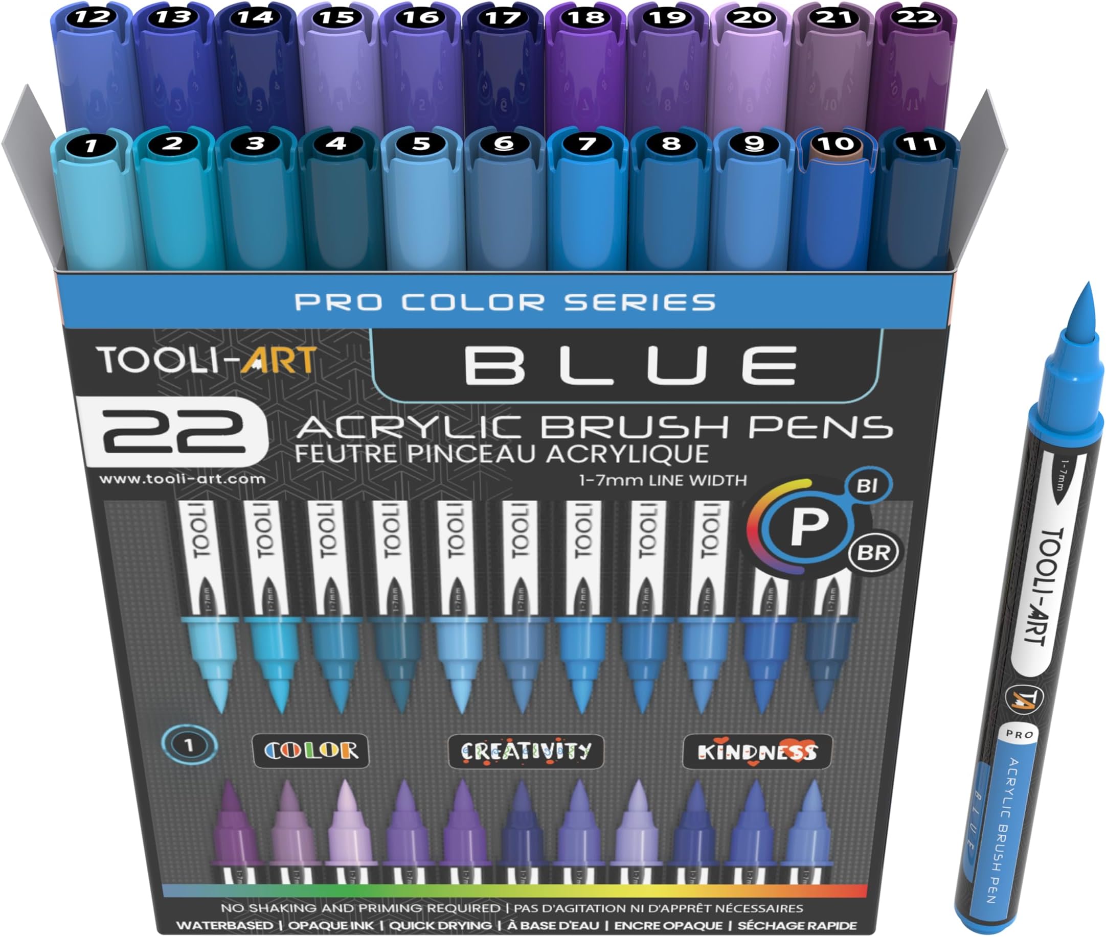 22 Flexible Brush Tip Acrylic Paint Pens Markers Set 1-7mm Line for Rock Painting, Glass, Mugs, Wood, Metal, Canvas, Plastic. Non Toxic Waterbased Quick Drying Assorted Blue
