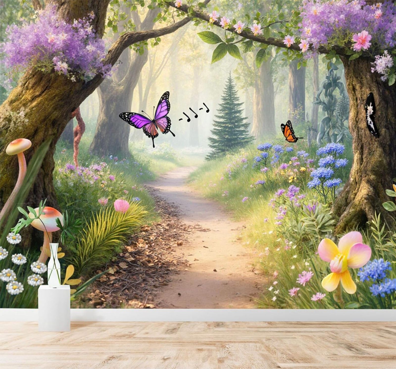 XLMING Forest Path Butterflies Flowers Mushrooms 3D Wallpaper Silky Texture Home Study Office Grey Dining Room Sofa Bedroom Living Room TV Backdrop-350cm×256cm