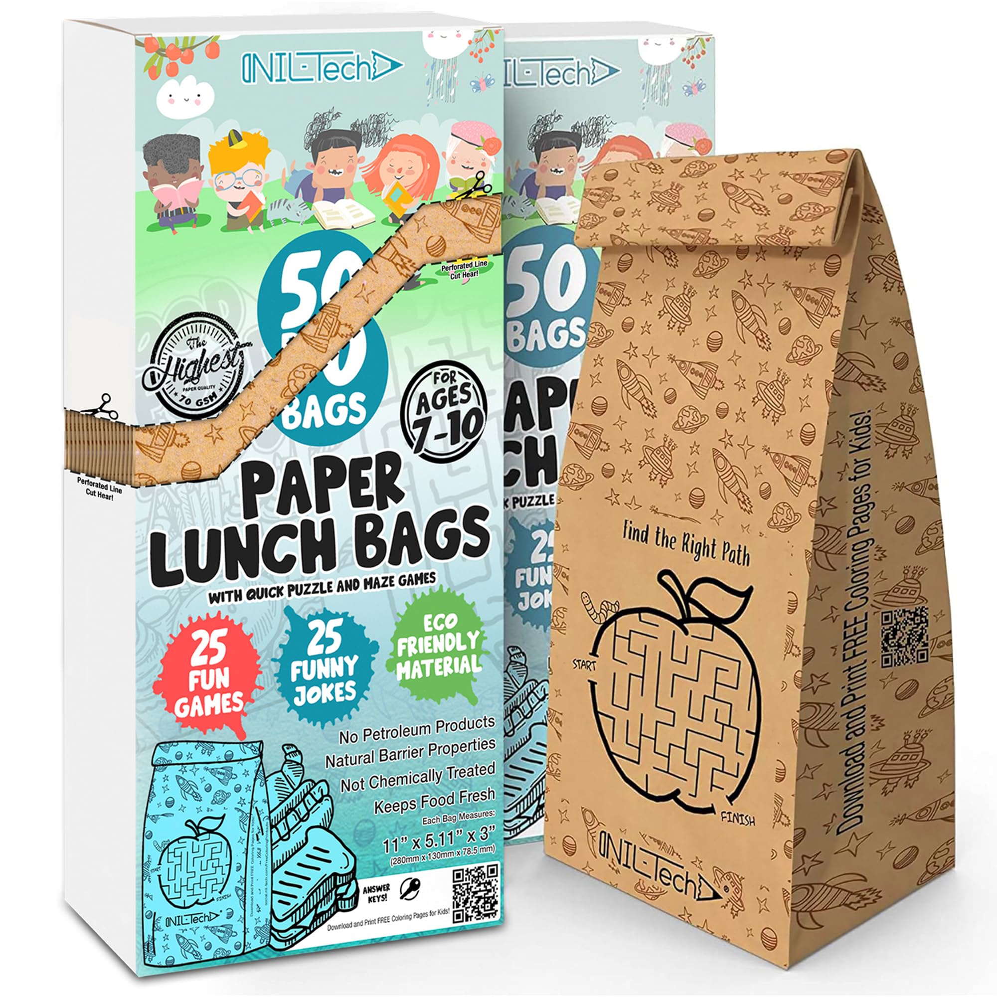 Disposable Lunch Bags for Kids - Cute Kraft Paper Snack Bags for School, Picnic, Birthday Party, Sandwich - Value 50pc (2 Pack)