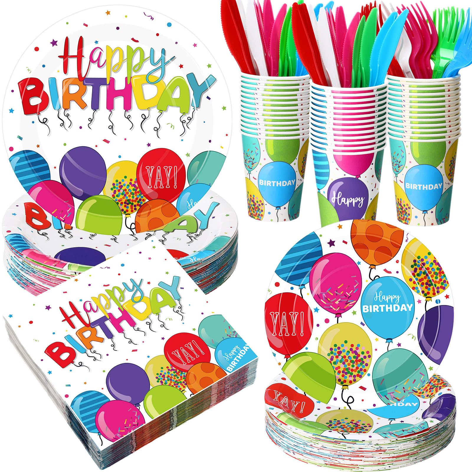 Sunnychicc 400 Pcs Happy Birthday Party Decorations, Disposable Paper Plates Bulk Napkins and Cups Colorful Tableware Set Serves for 50 Guests