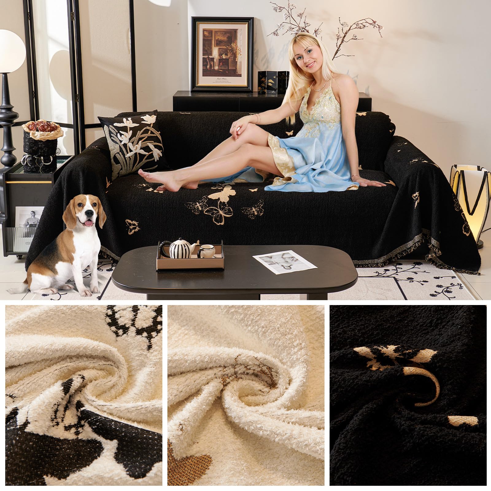 Jarapas para Sofas Suave Confort Manta Sofá Manta Decorativa Sofá Dormitorio Salón Cuatro Estaciones Tejido Borla Tela Cubre Sofa Colcha Multiusos para Sofá 180 * 260cm-Negro