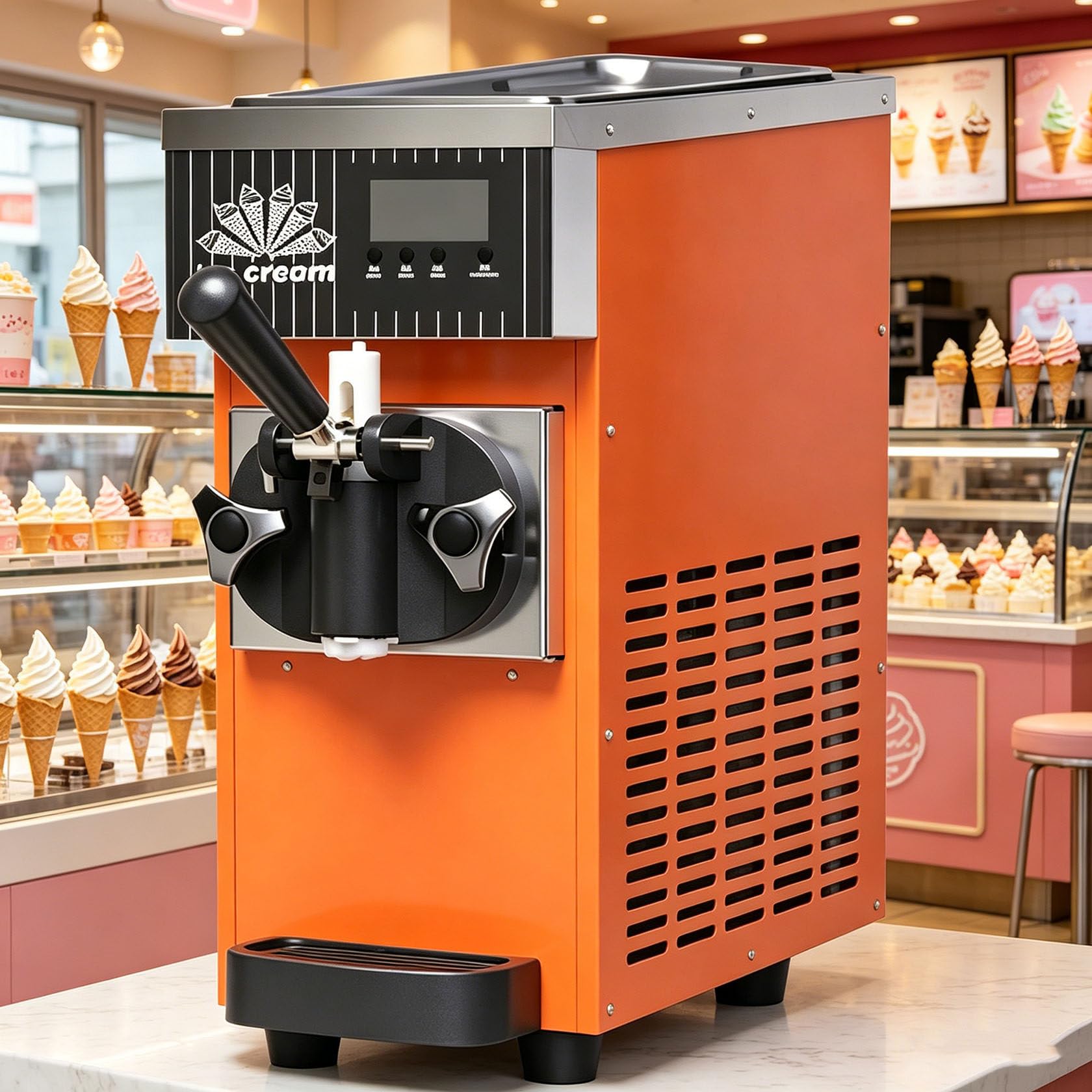 HUMNZR Soft Serve Single Flavor Ice Cream Machine,Countertop Yogurt Maker 4-8kg/H Output, 3.5l Refrigerated Hopper, 1l Freezing Tank, Auto Clean, Lcd Panel For CaféS And Milk Tea Shops Orange-450W