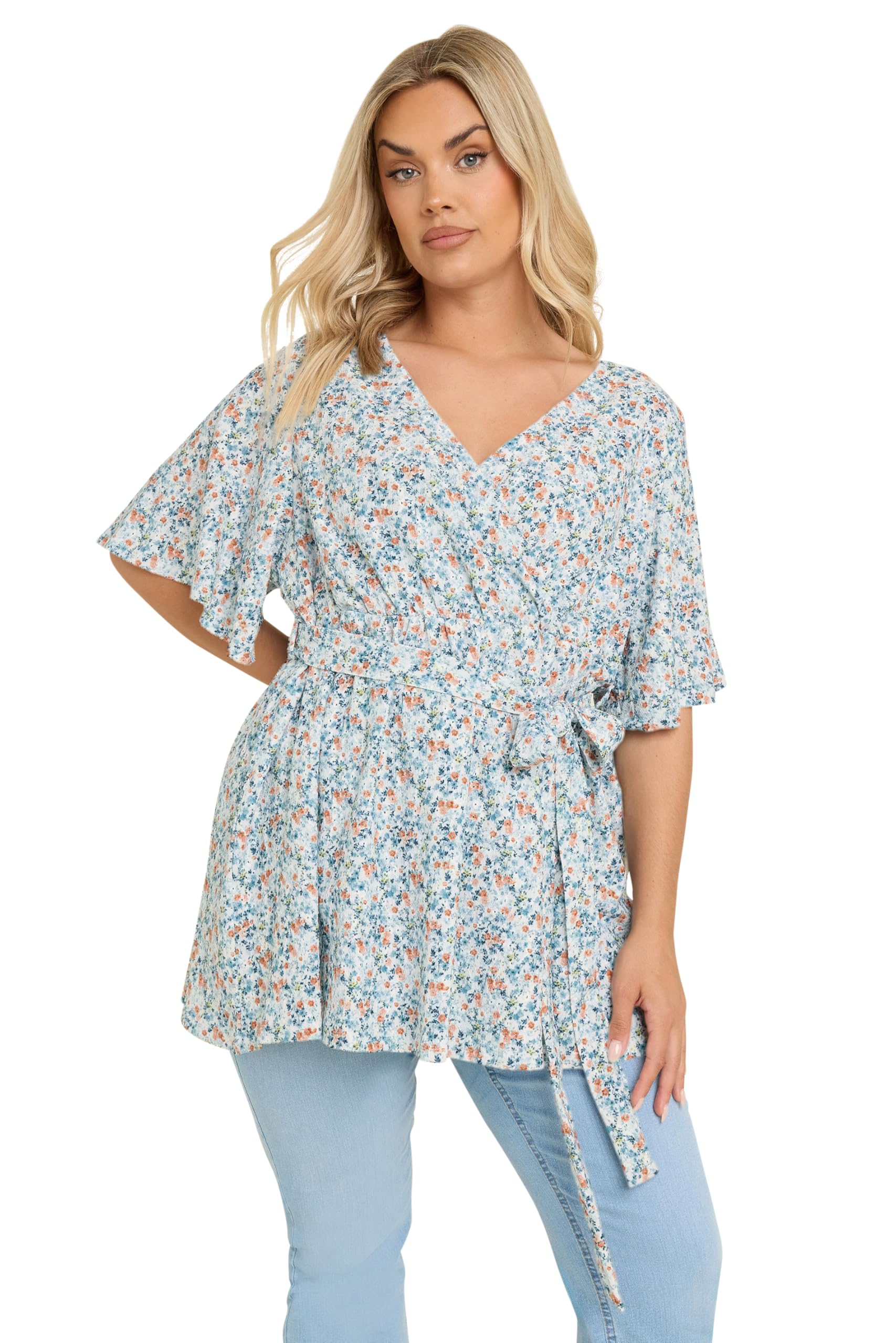 Yours Women's Light Blue Curve Blue Ditsy Floral Print Wrap Top - Plus Size Curve