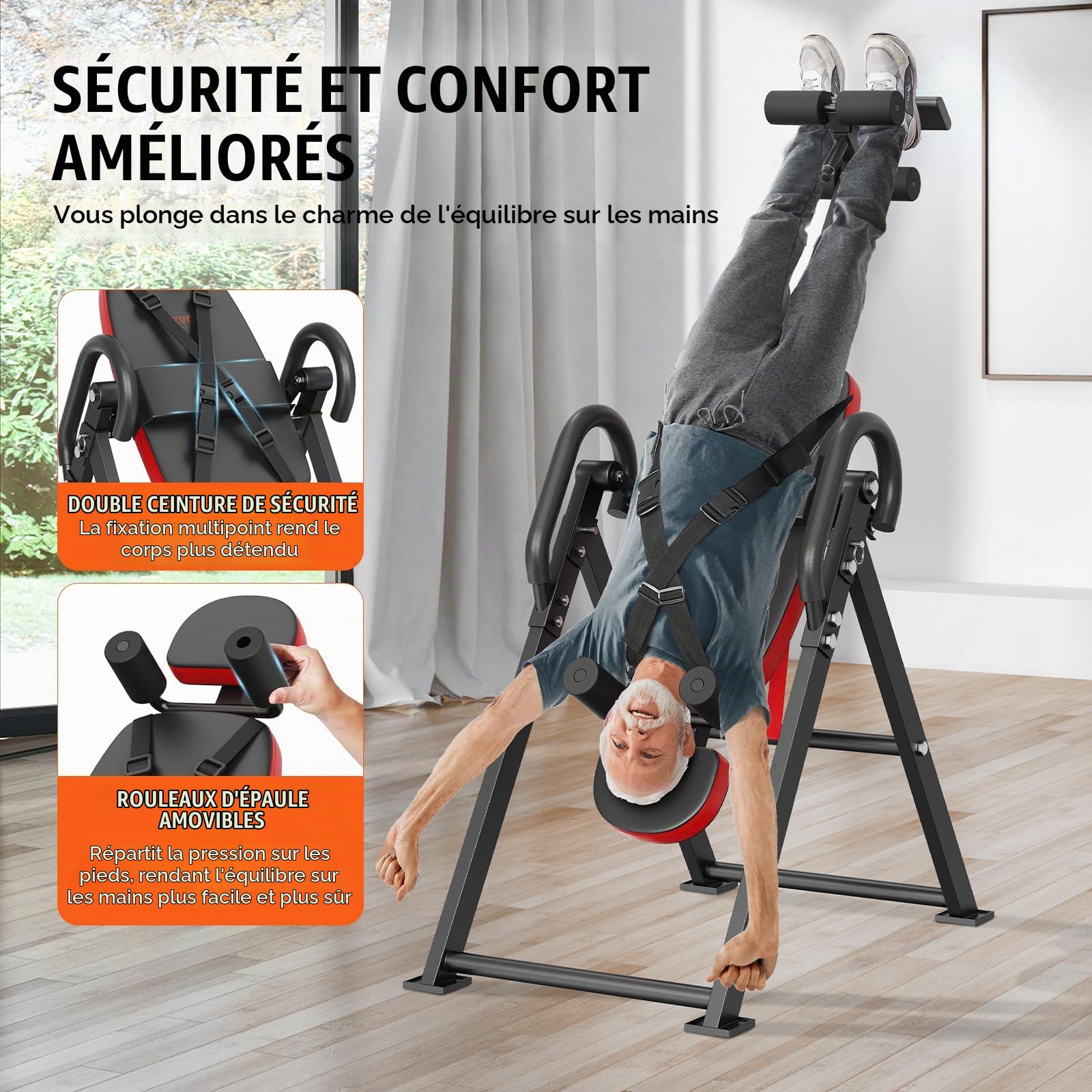 VEVOR Table d'Inversion Charge 136 kg, Banc d'Inversion avec Appui-Tête, Machine d'Étirement du Dos par Décompression, avec Verrouillage de Cheville et Ceinture de Protection, Musculation, Rouge/Noir