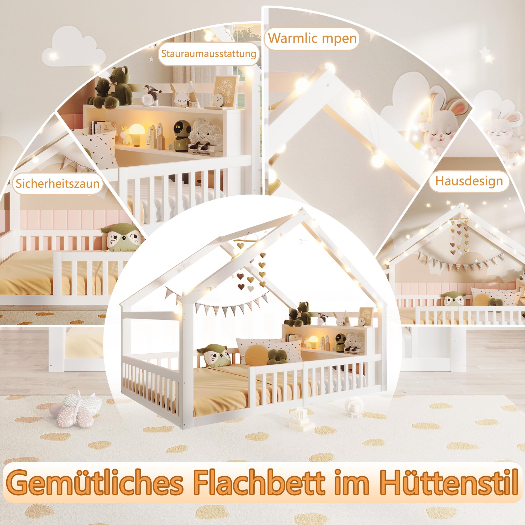 Kebnor Flachbett, Kinderbett mit Gitter, Hausleiste, Kiefernholz,ohne Matratze, Minimalistischer Stil, Weiß (140x190cm)