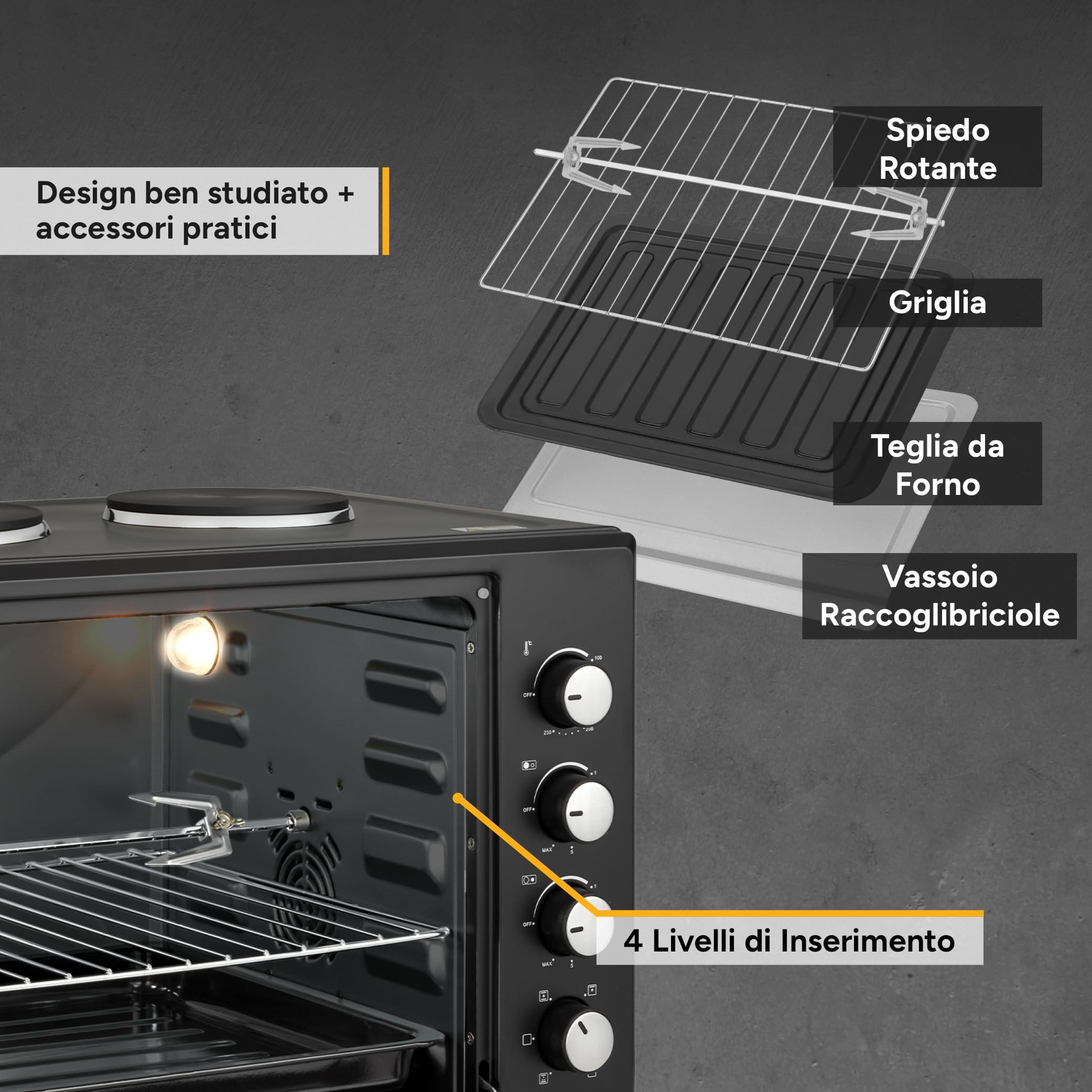 Forno con fornelli 60L 3200W - Fornetto pizza 230°C 6 modalità riscaldamento - Multiforno 4 altezze inserimento