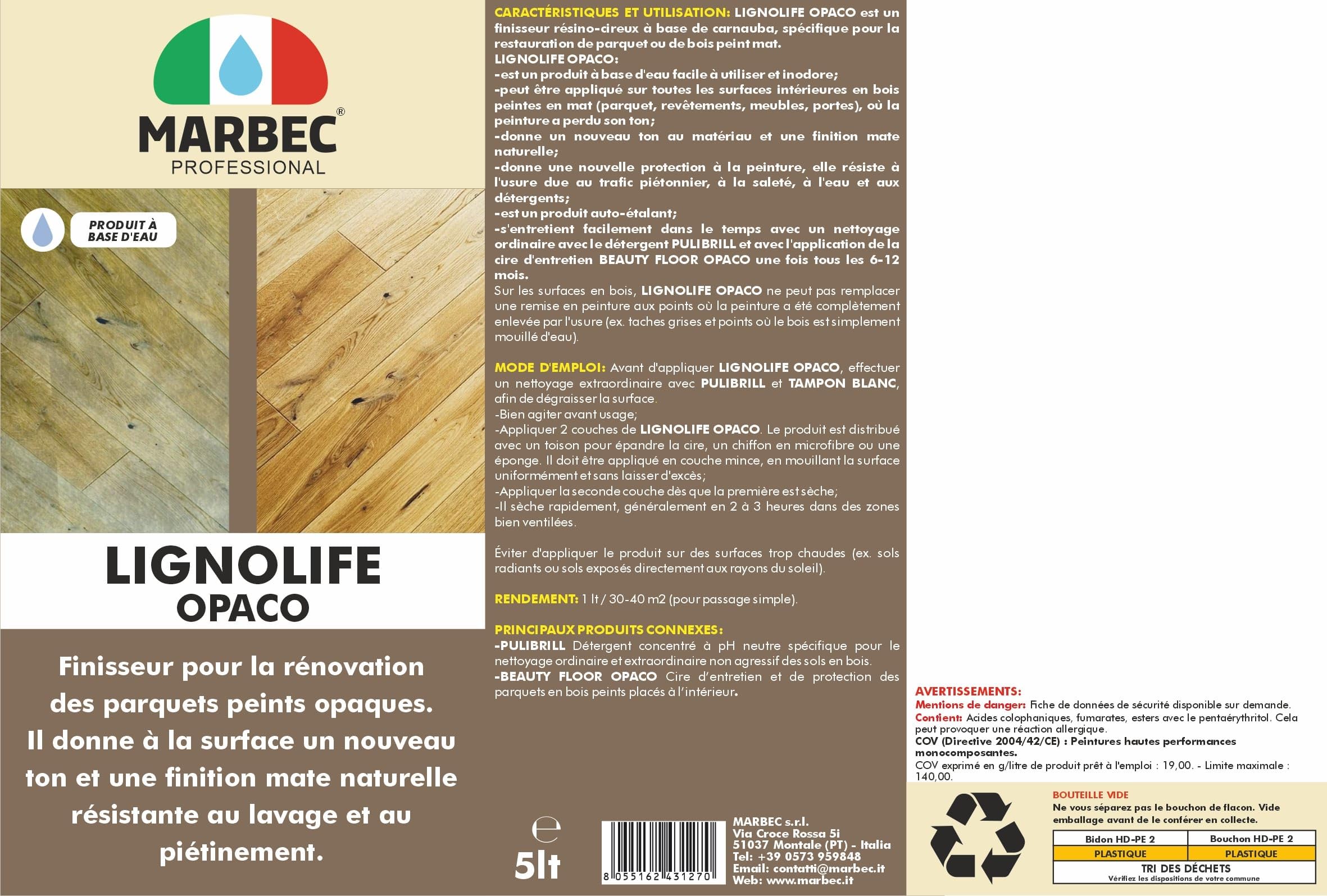 MARBEC LIGNOLIFE OPACO 5LTX4PCS Cire pour parquet peint mat usé et opaque. Il donne au bois nouvel éclat et nouvelle couleur, résistance au lavage et au piétinement.
