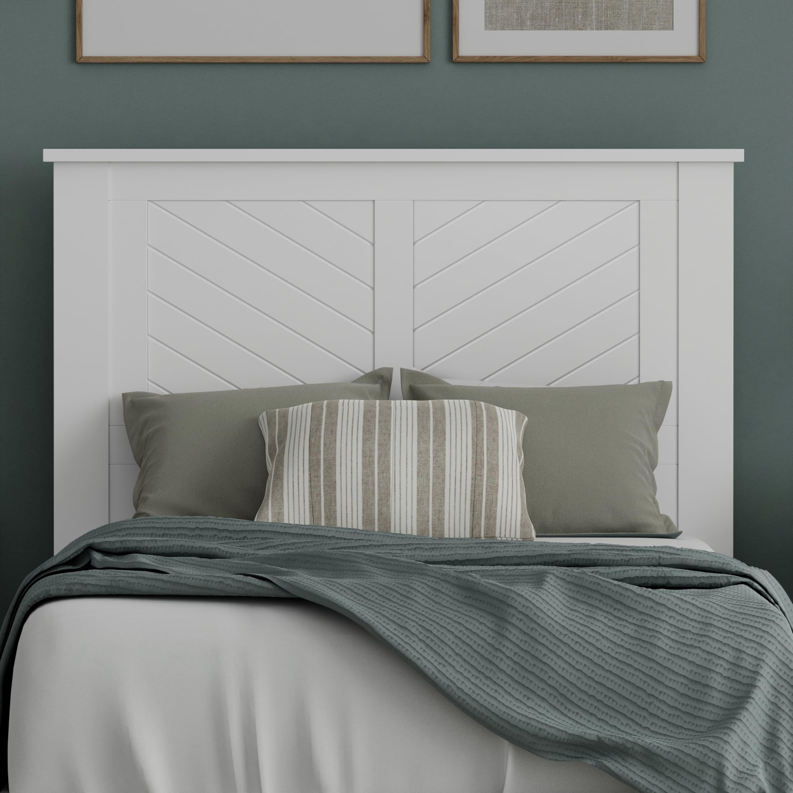 Serene Poplar Wood Twin Headboard, Modern Farmhouse Panel with Chevron Scoring, Twin Size Headboard in White, Casual Coastal Style, Easy Assembly, Quality Materials