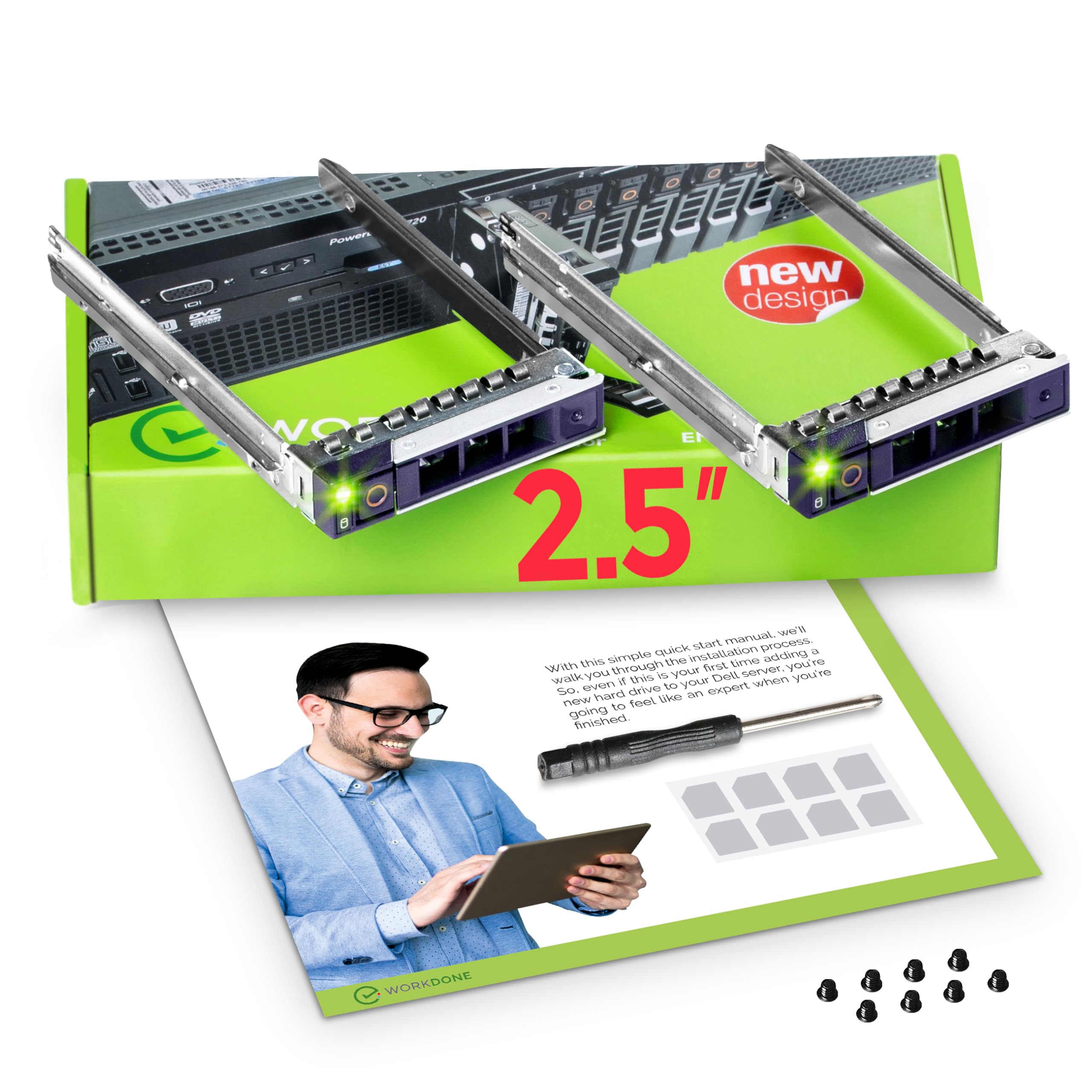 WorkDone 2-Pack 2.5" Hard Drive Caddy - Compatible for Dell PowerEdge Servers - 14th Gen R340 R440 R540 R640 R740 R740xd R840 R940 R6415 R7415 R7425 - SSD SAS SATA NVMe Tray - Setup Manual