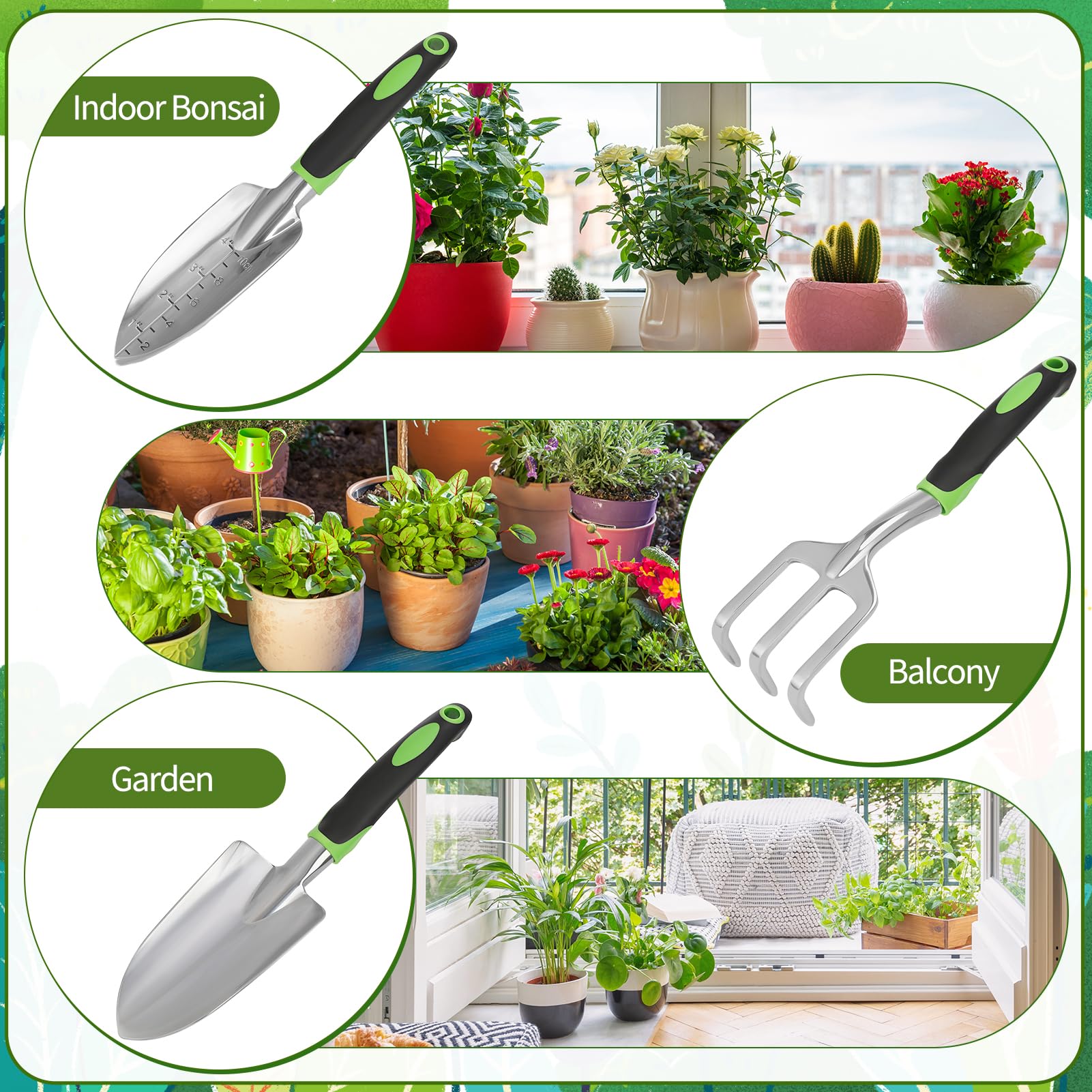 Juego de herramientas de jardín, 11 piezas de acero inoxidable, suministros de jardinería resistentes con mango verde y negro, regalos para mujeres