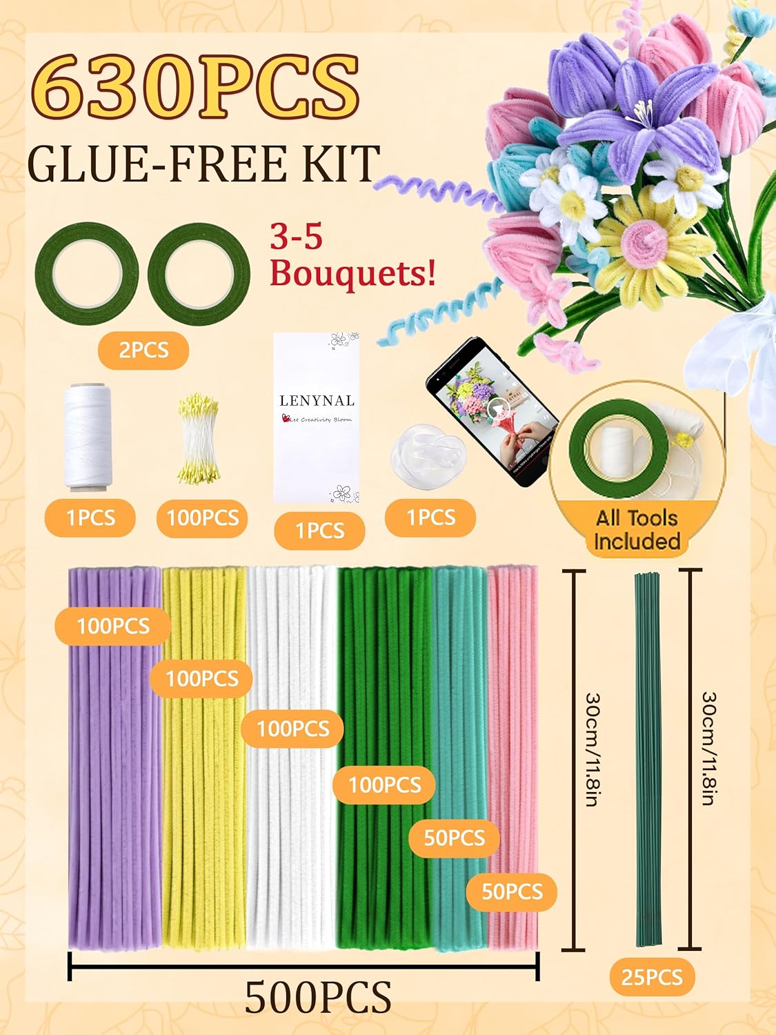 LENYNAL 500 Pcs Pastel Pipe Cleaners Craft Bulk, Macaron Pipe Cleaner Flower Kit, Glue-Free & Safe for Kids, Step-by-Step Tutorial, 6 Colors Chenille Stems for Flower Making