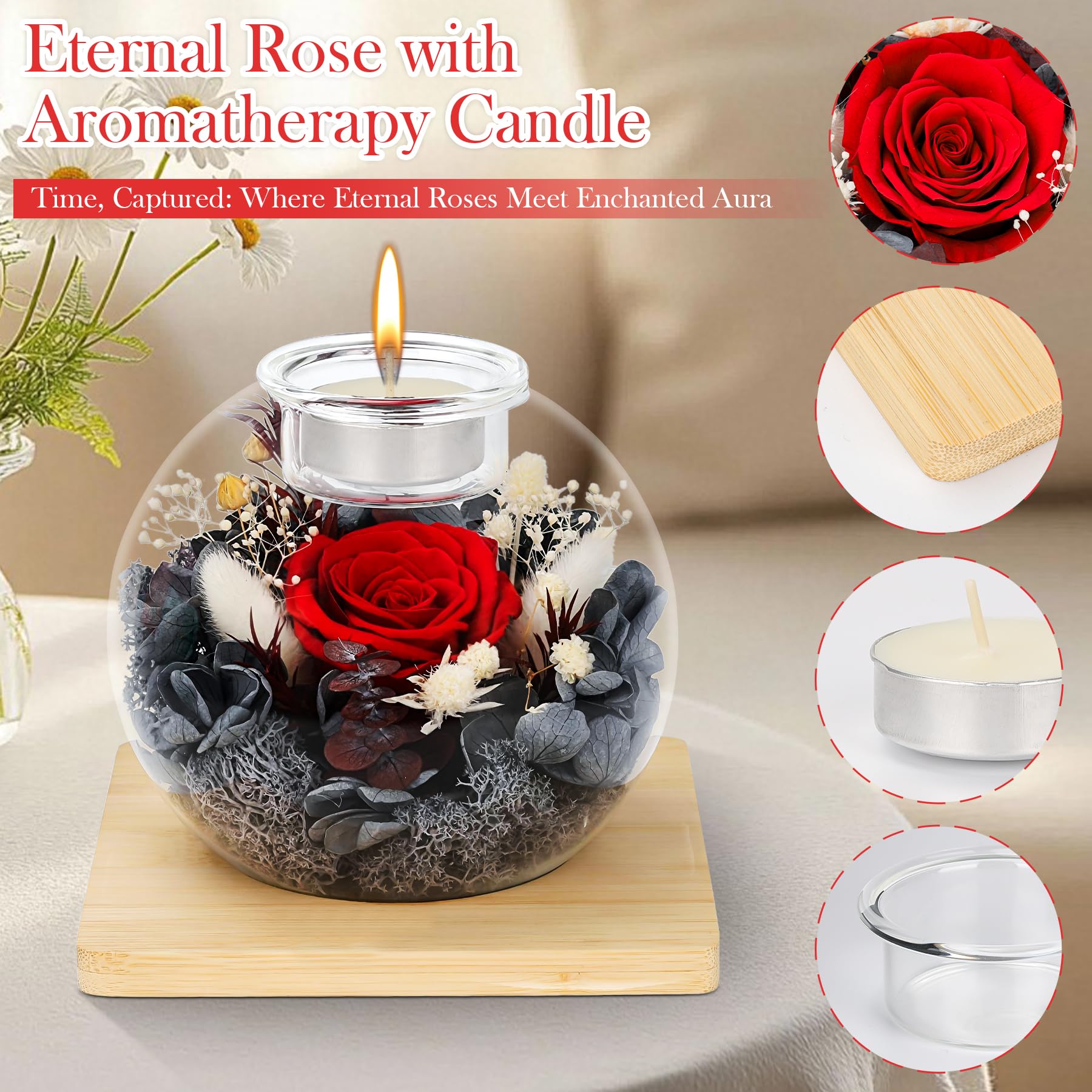 Rose Éternelle en Verre, Coffret Cadeau de Rose Préservée et Bougies Parfumées, Cadeau d'anniversaire Fête des Mères Saint-Valentin Noël pour Maman, Petite Amie, épouse, Femme (Rouge)