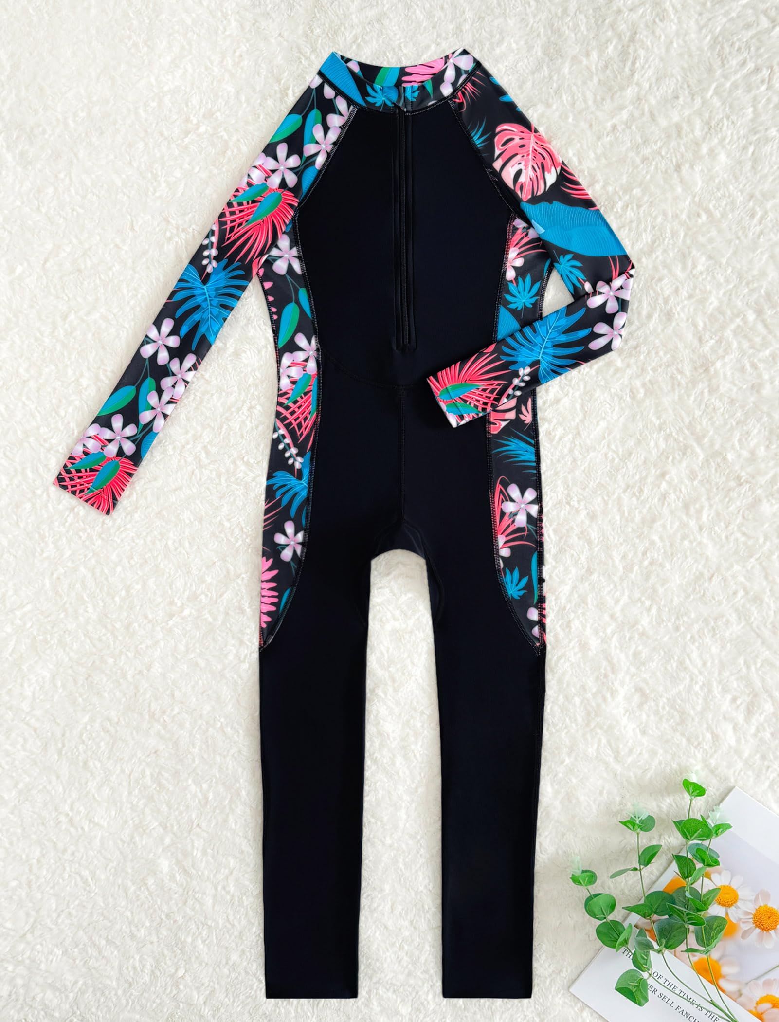IMEKIS Maillot de bain une pièce pour fille - Manches longues - Imprimé floral - Fermeture éclair - UPF 50+ - Maillot de bain modeste pour sports nautiques
