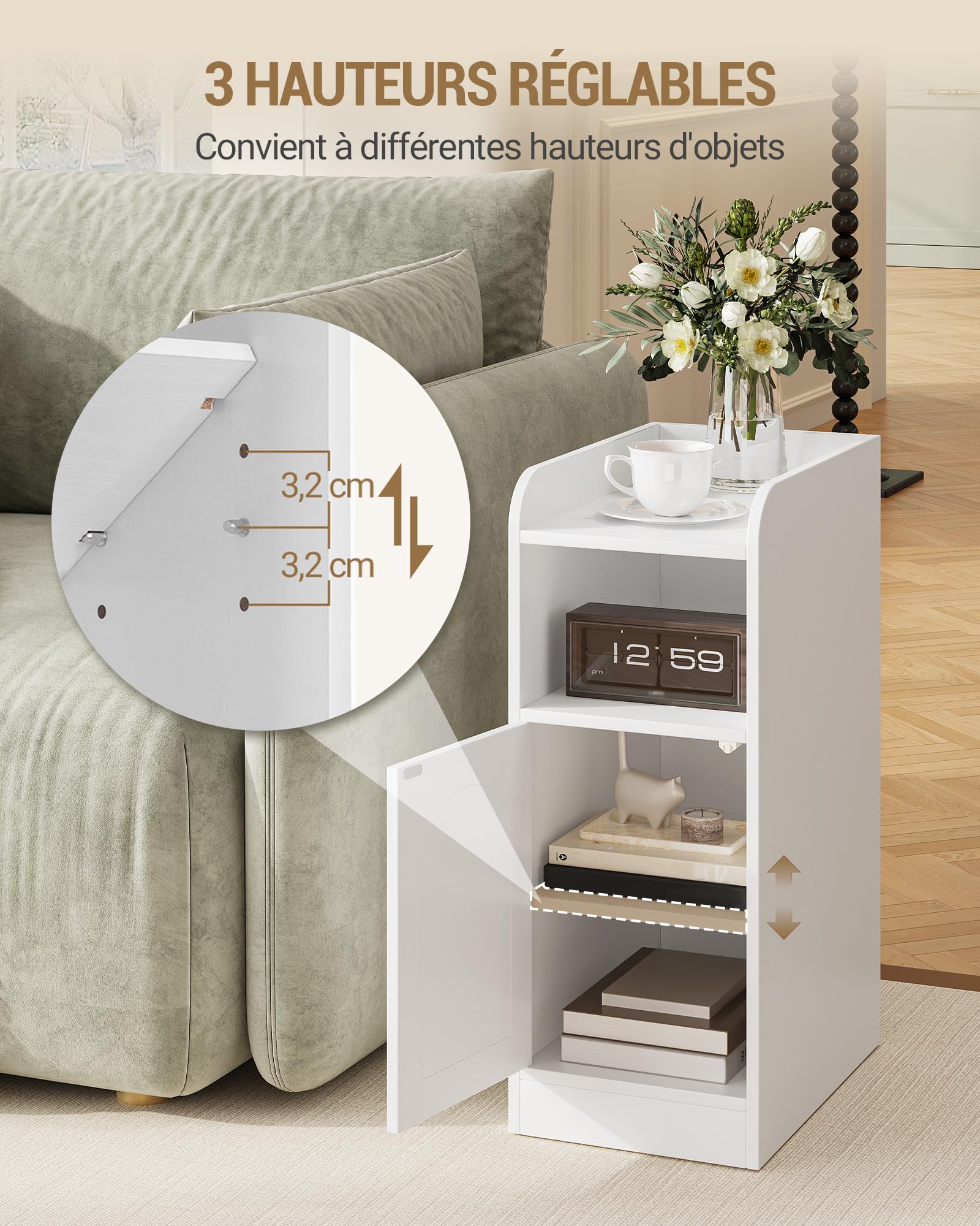Hzuaneri Table de Chevet, Table d'Appoint Étroite avec 1 Porte d'Armoire