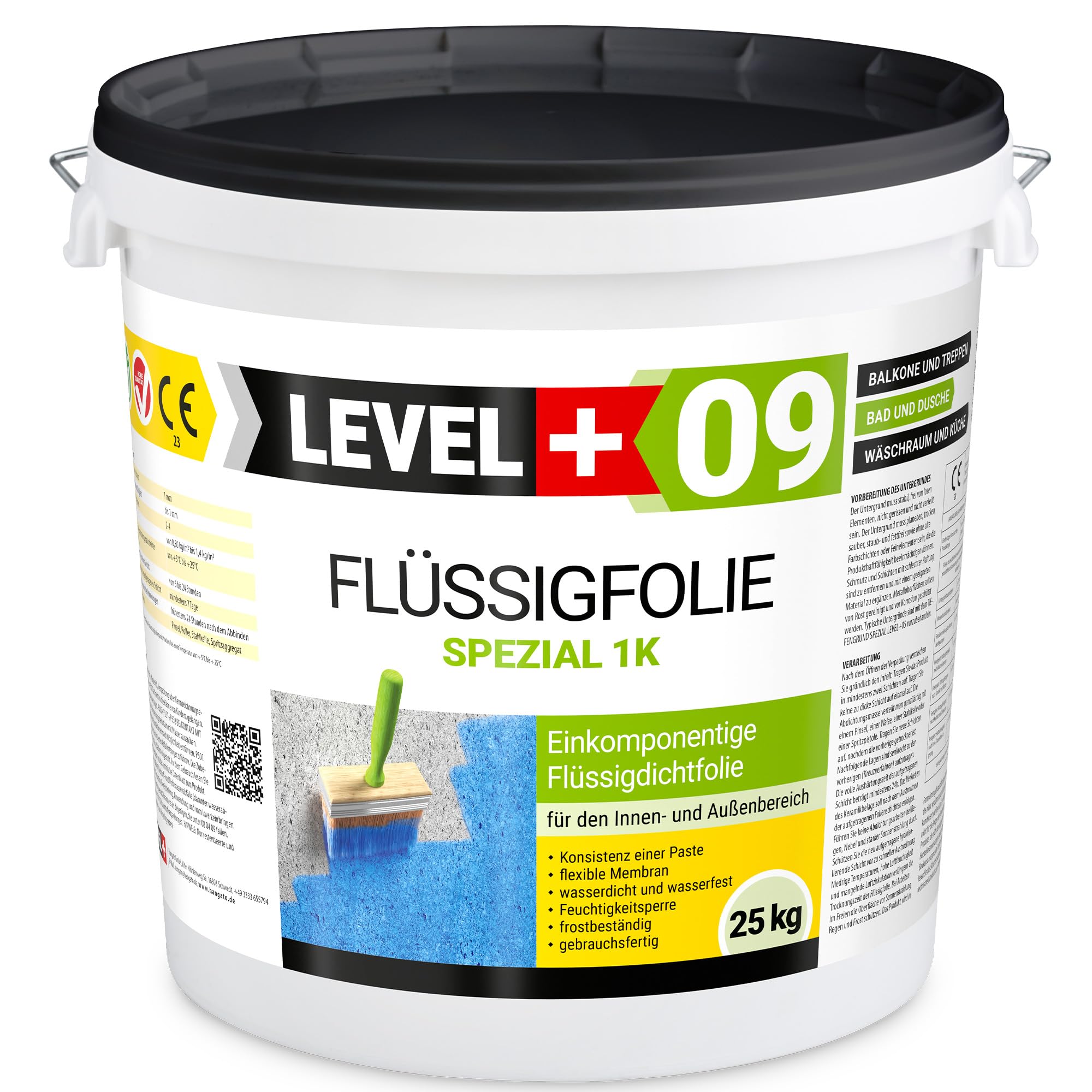 Level + 09 Flüssigfolie Spezial für Balkon, Terrasse, Bad & Dusche – Dichtfolie unter Fliesen auf Beton, Putz & Estrich – Flüssigabdichtung, Wasserdicht, Frostbeständig & Gebrauchsfertig – 25 kg