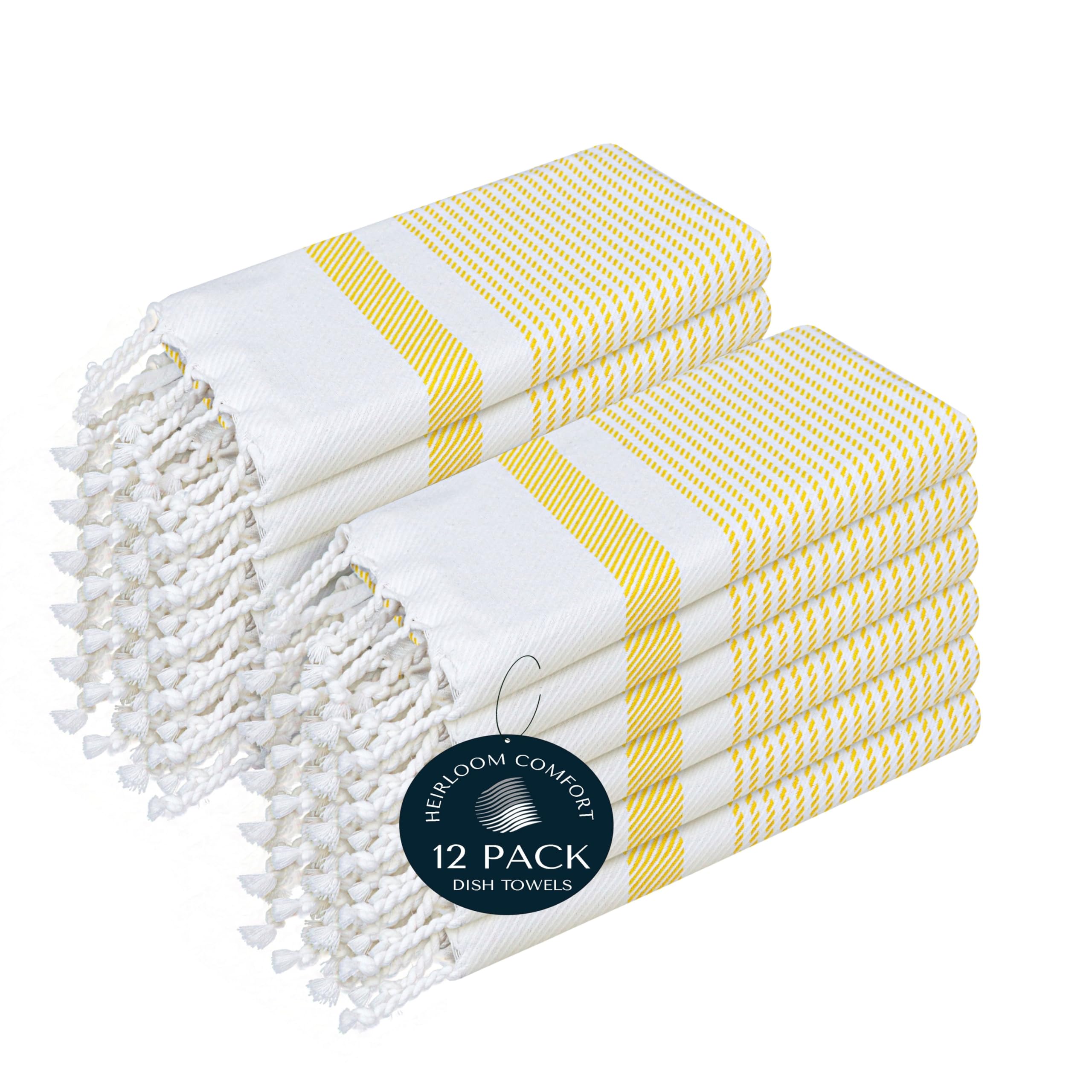 Confezione da 12 strofinacci da cucina turchi giallo limone 40 x 66 cm, 100% cotone, ultra assorbenti, morbidi, ad asciugatura rapida, lavabili, con nappe, per asciugare i piatti
