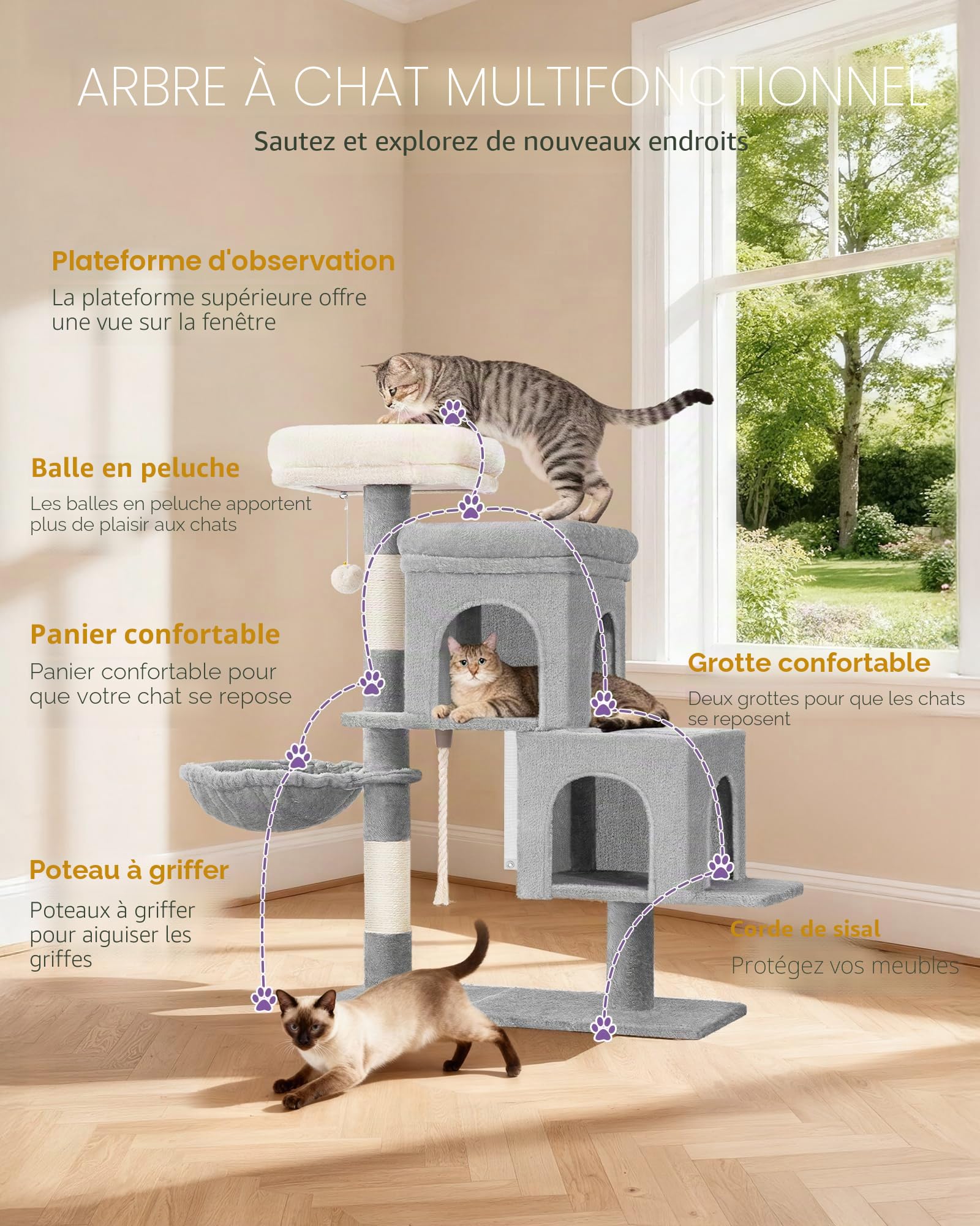 Hzuaneri Arbre a Chat, Petit Arbre à Chat de 95 cm, Spacieux et Stable, Fond Réglable, avec Grande Plateforme Souple, Pompons, Panier, Griffoir, Corde en Sisal, Gris Clair MS09718LG