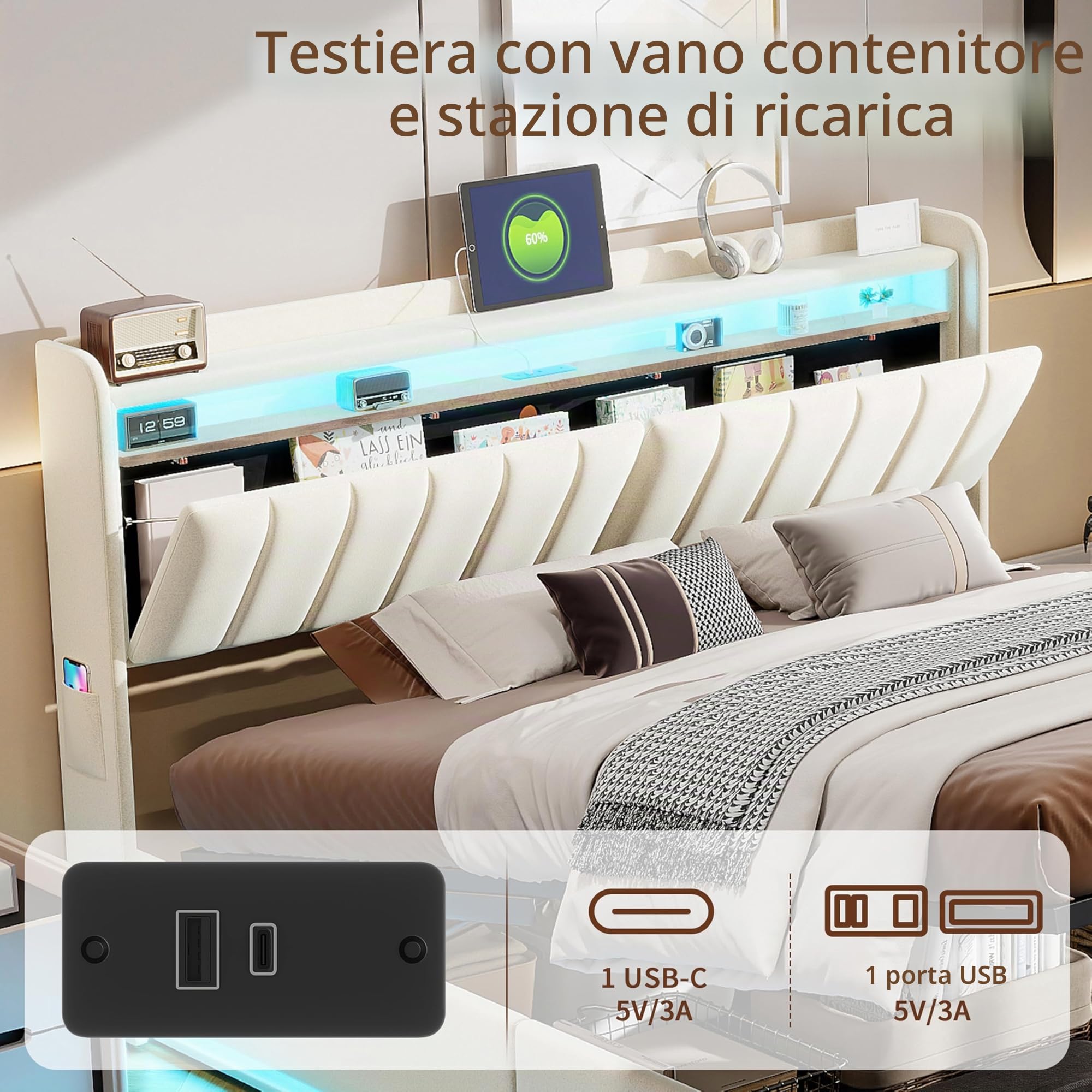 Letto Matrimoniale con Contenitore 160x200 cm, Letto Imbottito con illuminazione a LED e USB, letto matrimoniale imbottito,Letto Baule Testiera con Funzione di Stoccaggio, Velluto Beige