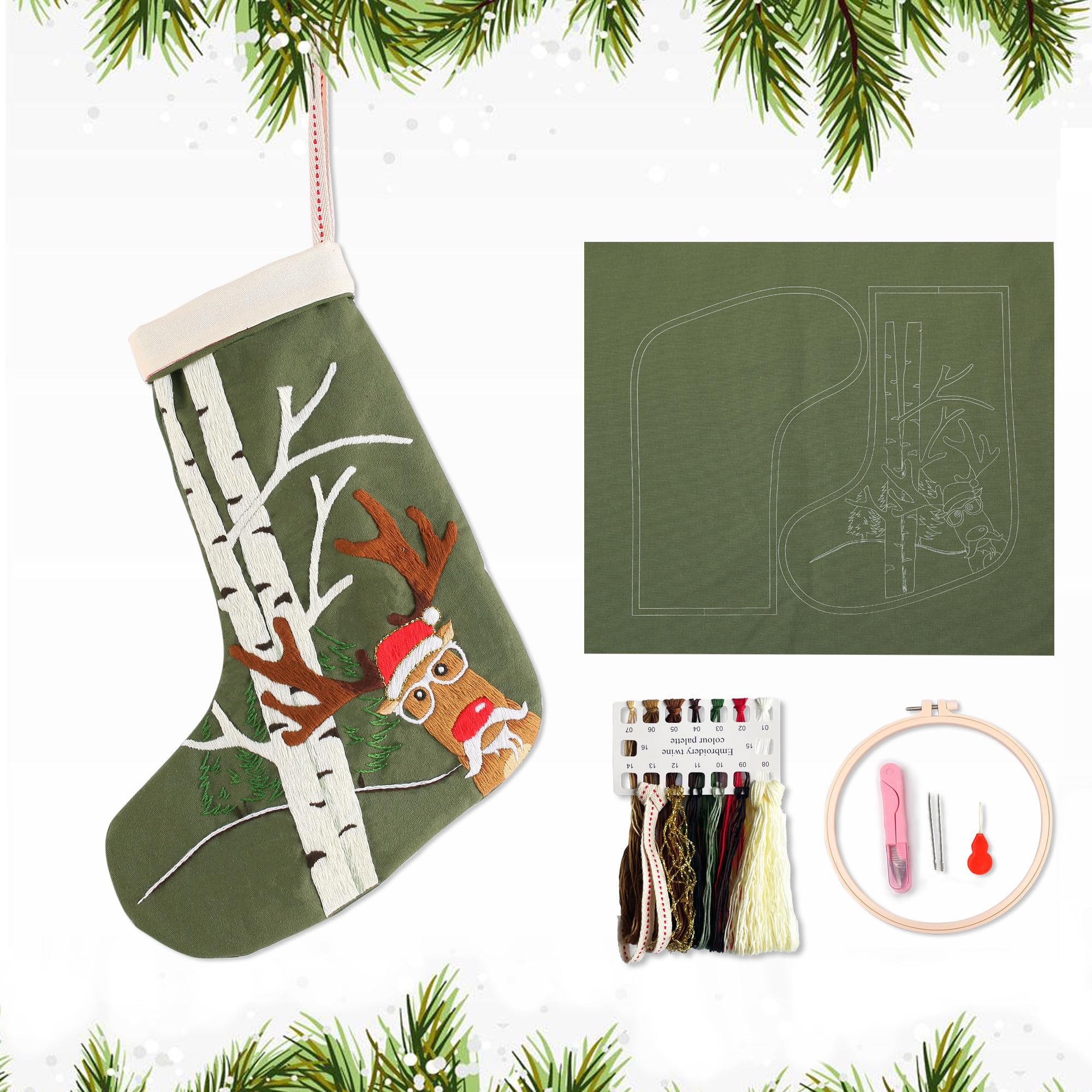 Myfelicity Embroidery kit, Christmas Stocking Shape, Green Fabric