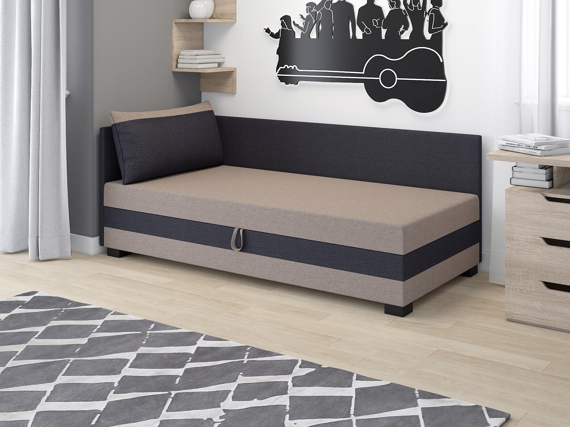Boxspringbett Ilia+ 110x198x38 cm mit Schaumstoff Matratze, Bett mit Matratze, Polsterbett mit Bettkasten, Gepolstertes Einzel Bett, Schlafsofa - Beige Graphit