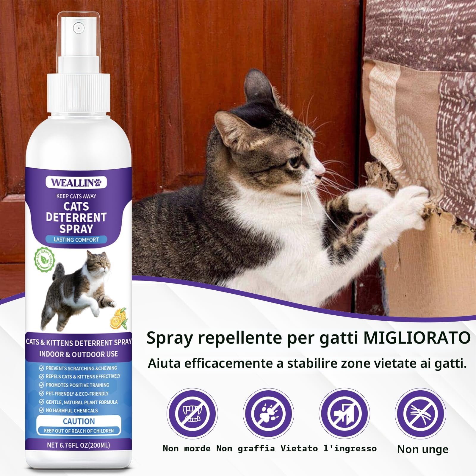 WEALLIN Spray Repellente per Gatti, 200ml Repellente Gatti e Spray AntiGraffio per Gatti Divano, Uso Interno ed Esterno, Protezione del Divano e Mobili, Ideale per Casa e Giardino