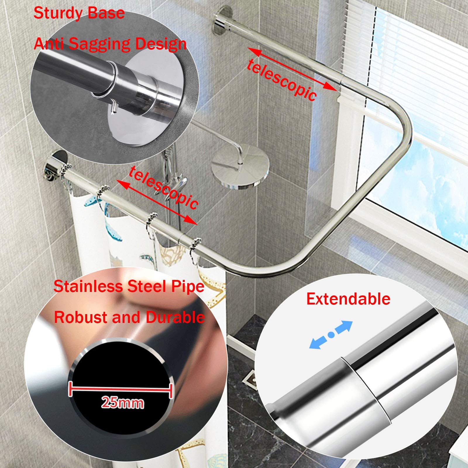 Estensibile Asta per Tenda da Doccia a Forma di U Bastone Tenda Doccia Angolare Regolabile Bastoni in Acciaio Inossidabile per Bagno Angoli o Vasche 80×80×80
