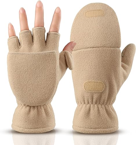 OZERO Guantes de invierno sin dedos, convertibles, térmicos, forro polar aislante, resistente al viento, cálidos para hombres y mujeres