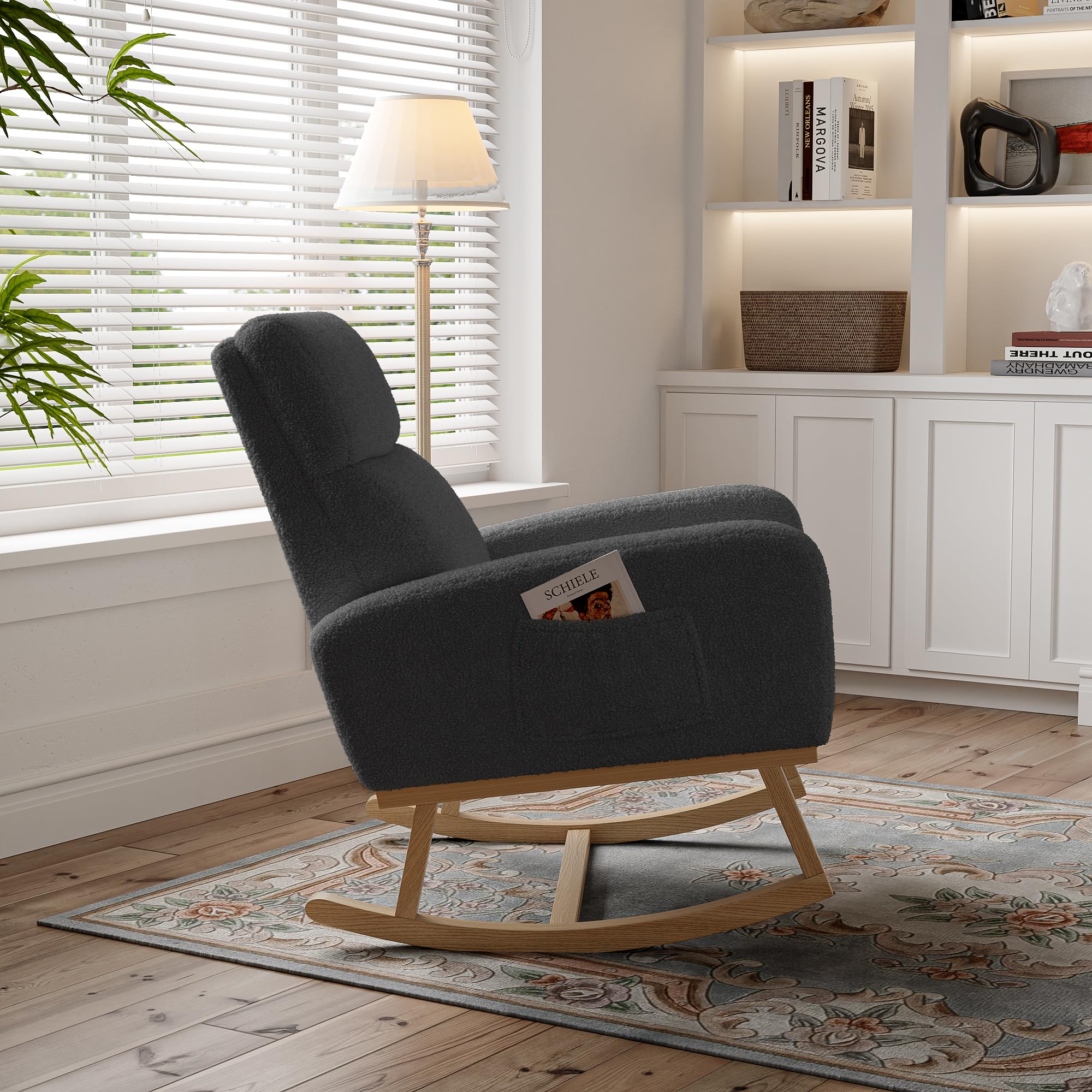 Sedia a Dondolo, Sedia a Dondolo da Interno, Poltrona a Dondolo con Due Tasche Laterali, Poltrona a Dondolo Allattamento con Gambe in Legno Massello, Lino, Grigio scuro