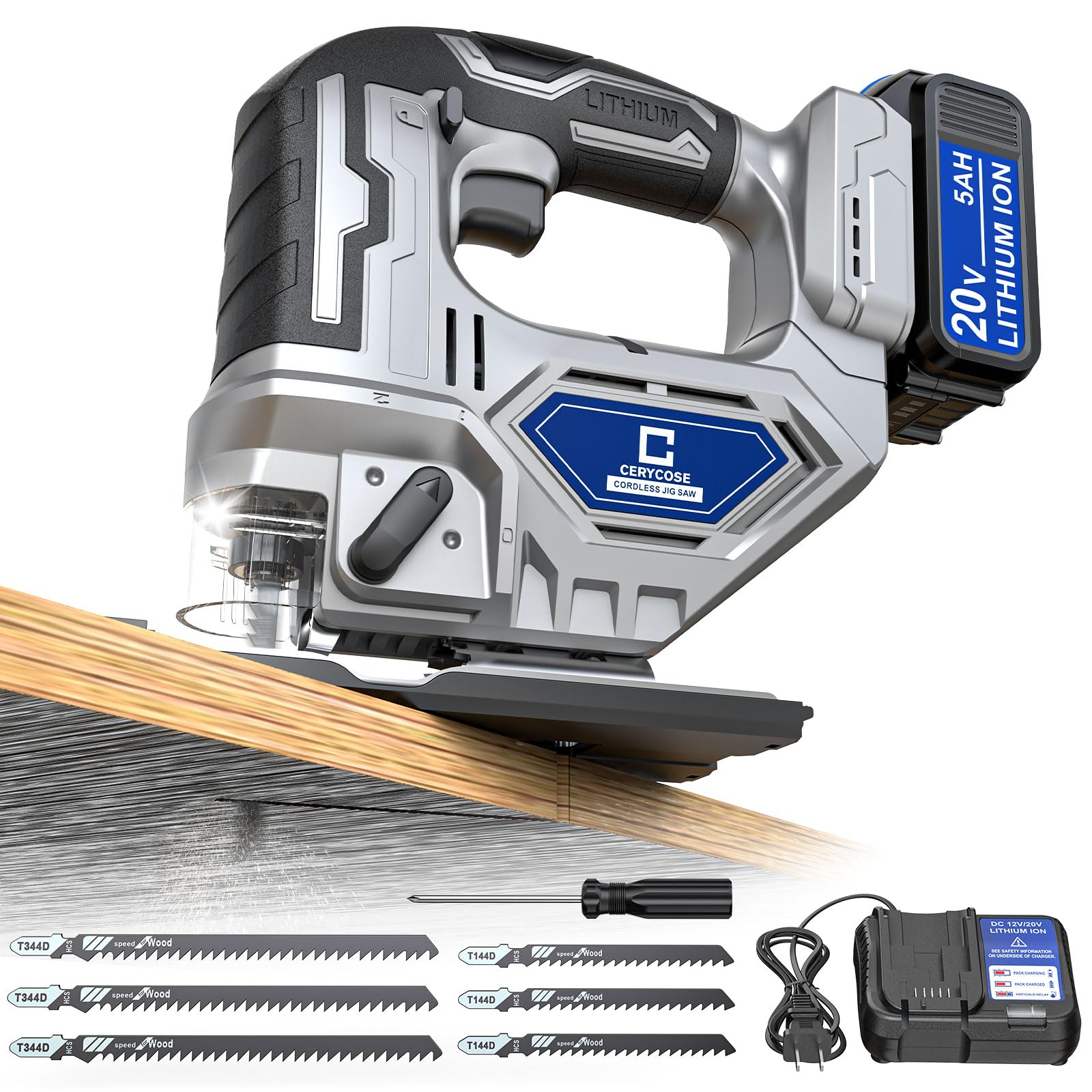 Cerycose Jigsaw Compatible With Dewalt 20v Battery, Cordless jig saw Brushless Motor, 0°- 45° Bevel Cuts, LED Light with 3 Position Orbital Setting (With 5Ah Battery &amp; Charger Station Kit)