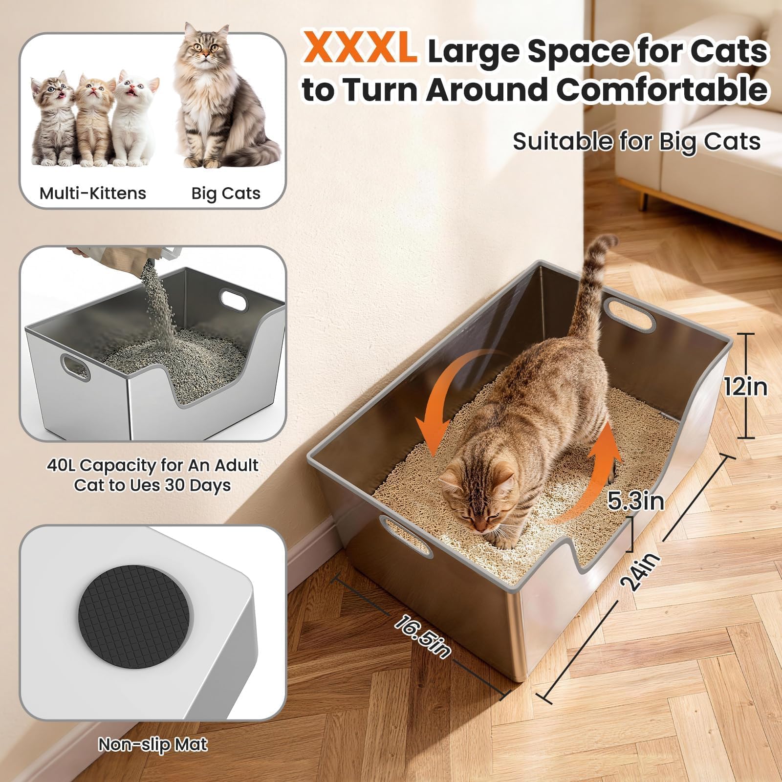 40L XXL Stainless Steel Cat Litter Box with High Sides,XXXL Metal Maine Coon Litter Box with Tall Walls for Big & Multiple Cats,One-Piece Deep Litter Box with Low Entry,Anti-Leakage,Non-Sticky - image 2