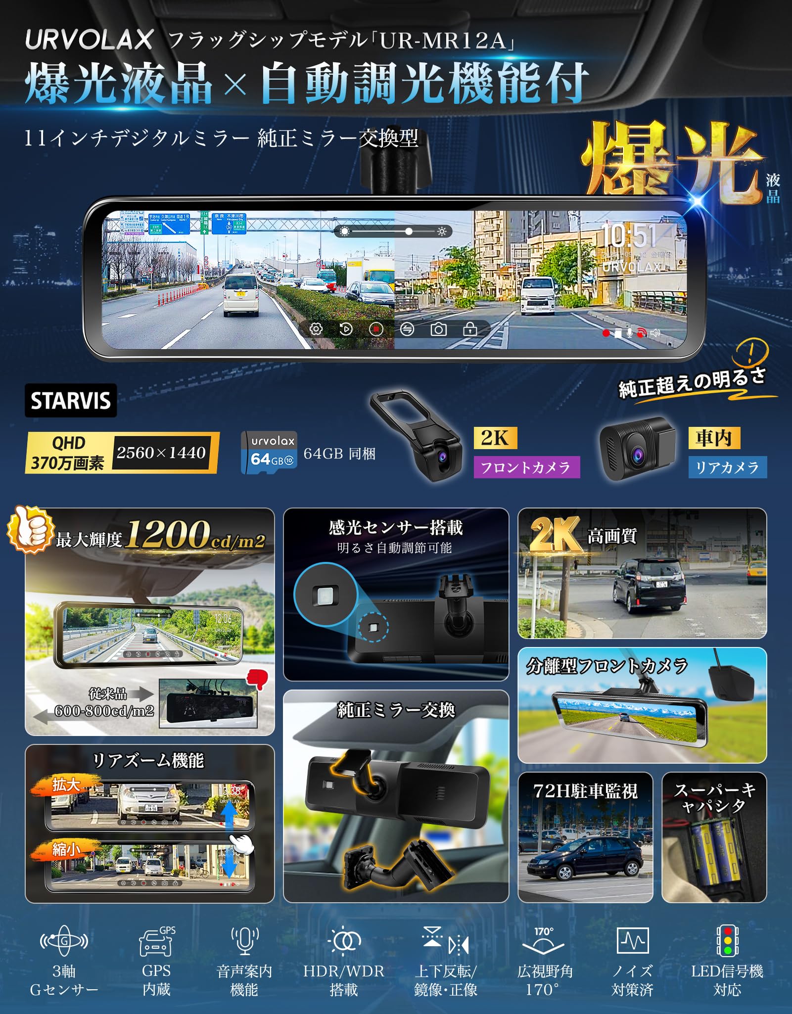 Amazon.co.jp: URVOLAX新登場 ミラー型ドライブレコーダー 純正交換 2K