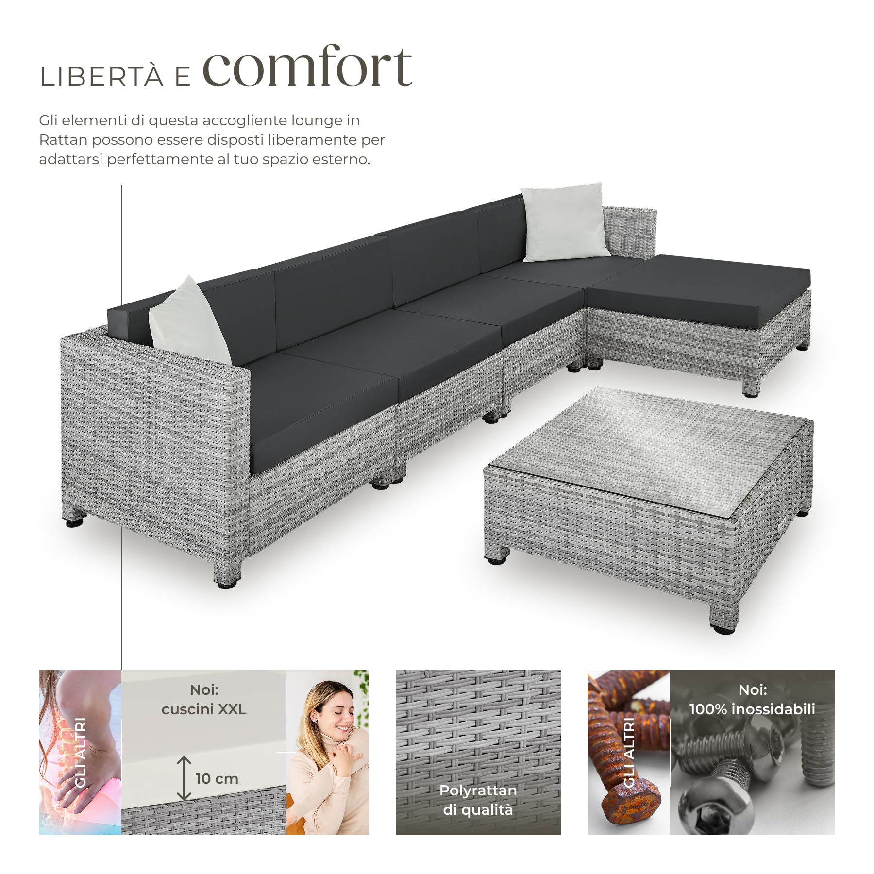 tectake® Set Salotto da Giardino Polyrattan, Elegante Design Moderno, 4 Pezzi con Tavolo Vetro, Imbottiture Confortevoli 10cm, Arredo Giardino, Arredo Esterno, Adatto Terrazza, Balcone -Grigio Chiaro