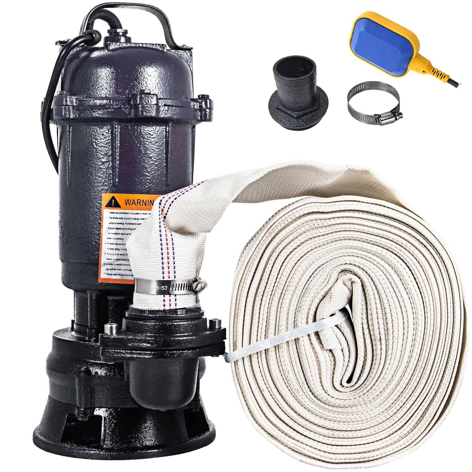 Sewage Pump,2HP 110V Submersible Sump Pump,6498GPH Cast Iron Effluent Pump 1500w with Automatic Float Switch,26ft Hose and 2pc NPT connectors for Sewage Basin,Basement (with 26FT Hose)