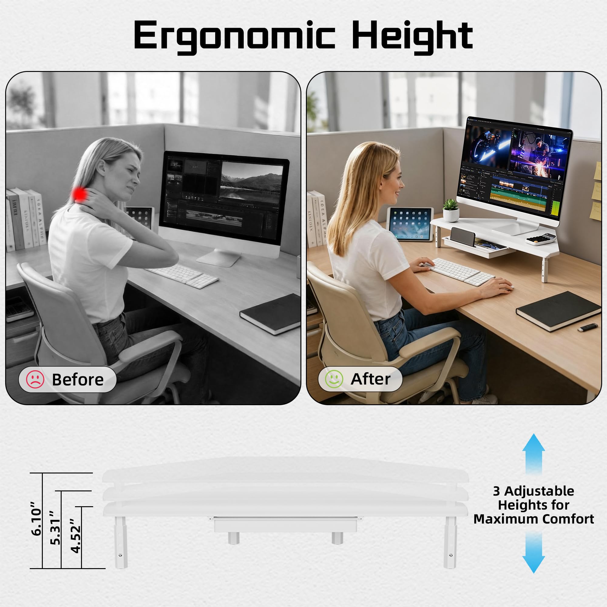 ETHU Supporto triangolare per monitor con cassetto, regolabile in altezza, per PC/laptop, supporto ergonomico per computer desktop, supporta 20 kg, bianco