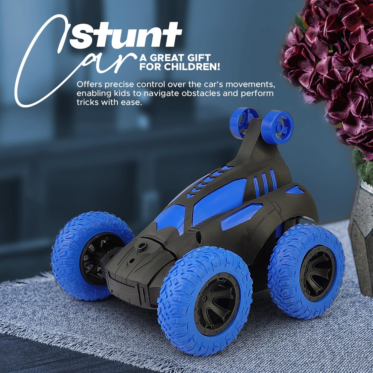 NHR RC Stunt Car for Kids – 360° Rotating Remote Control Car with High-Grip Rubber Tyres, Top Small Auxiliary Wheels & USB Rechargeable Battery – Off-Road Toy Car Gift for Boys & Girls (Blue/Black) 1