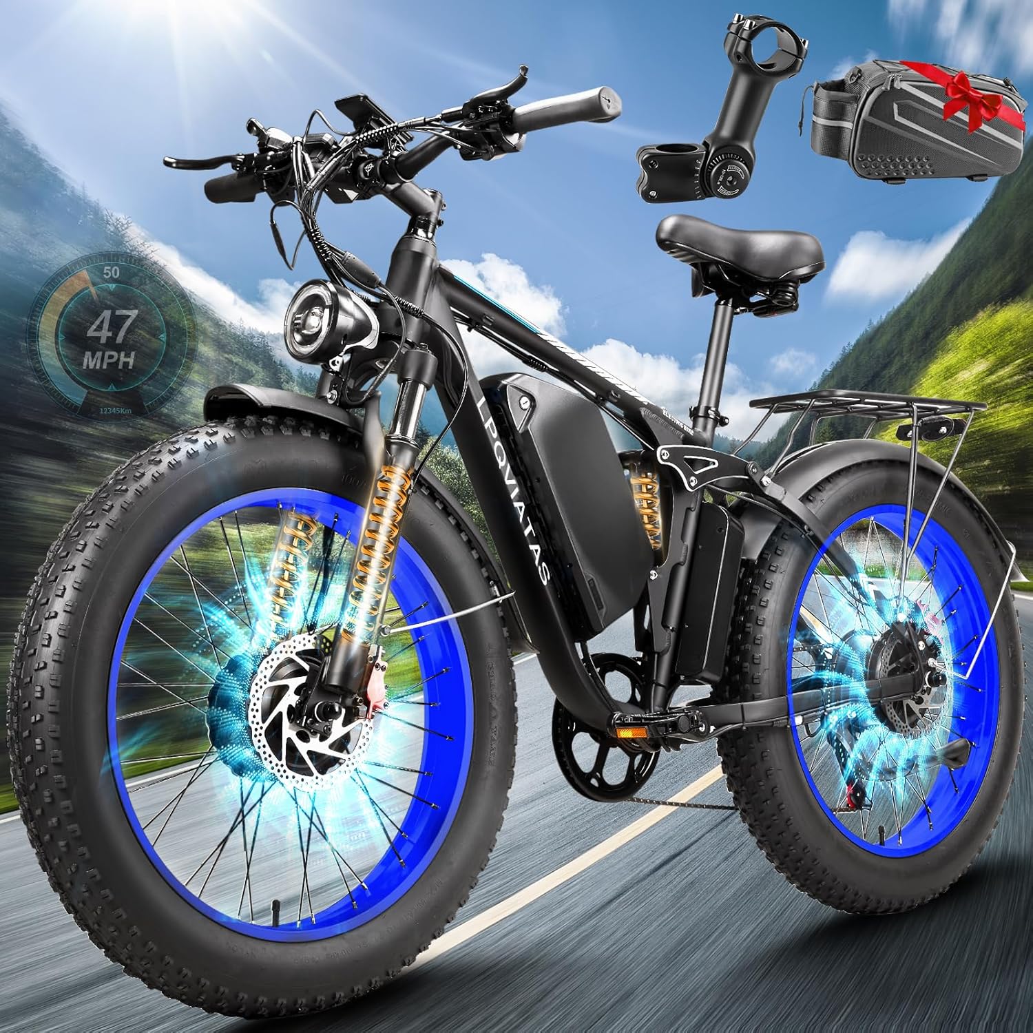 9000W-Peak 52V 34Ah 1768Wh Battery Dual-Motor-Ebike for Adults, 47MPH 105 Miles Range Full-Suspension-Dual-Motor-Electric-Bike,24"*4.0" AWD-Men Fast-Fat-Tire-Electric-Bicycle Mountain Sand Snow