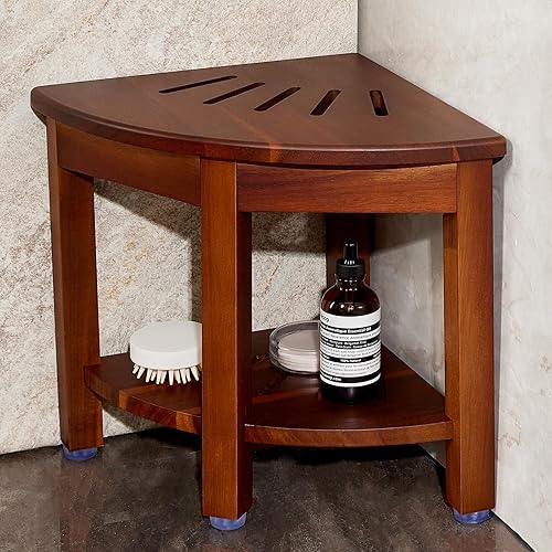 Miniatura 9 de HouseJoy Banco de ducha de esquina con estante: taburete de ducha de esquina para afeitarse las piernas, reposapiés de baño, banco de baño