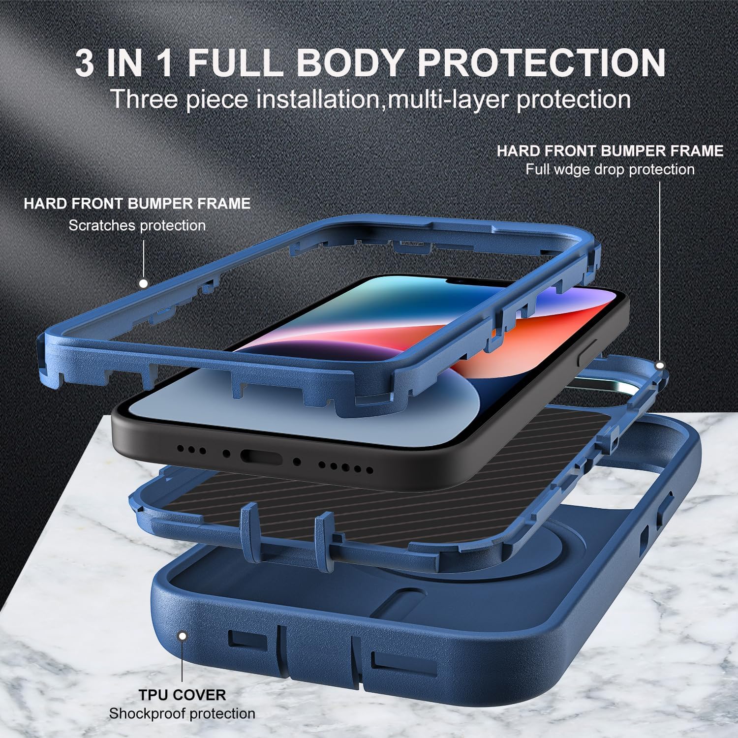 YKHJKLEC for iPhone 13/14 Case, Military Grade 3 in 1 Heavy Duty Shockproof/Drop Proof/Dust Proof with Kickstand Case, with 2 x Tempered Glass Screen Protector (ZJ-Navy Blue)