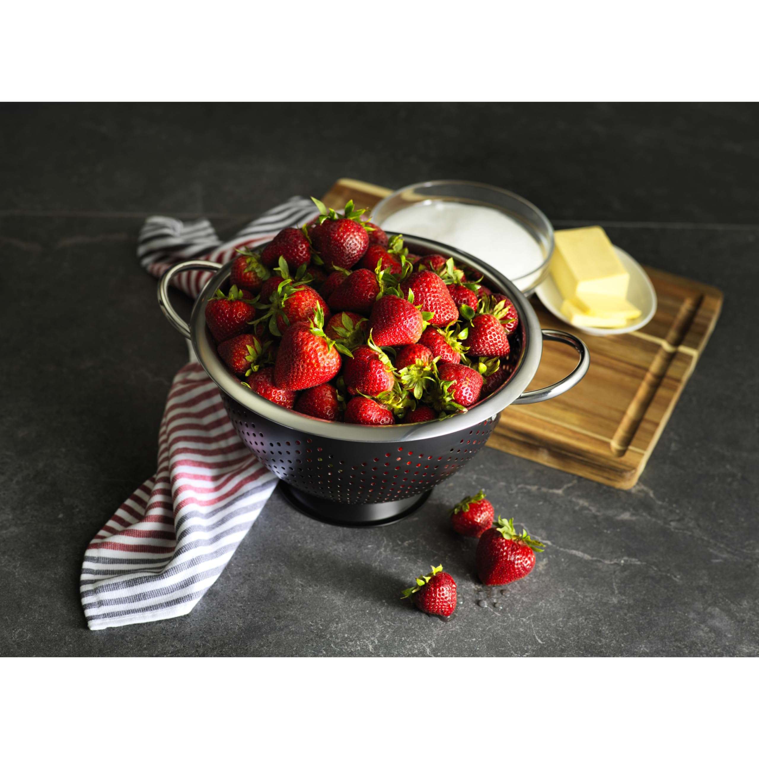GoodCook Scolapasta gourmet, capacità 5 qt, in acciaio inox, con manici e piedistallo rialzato, nero intenso
