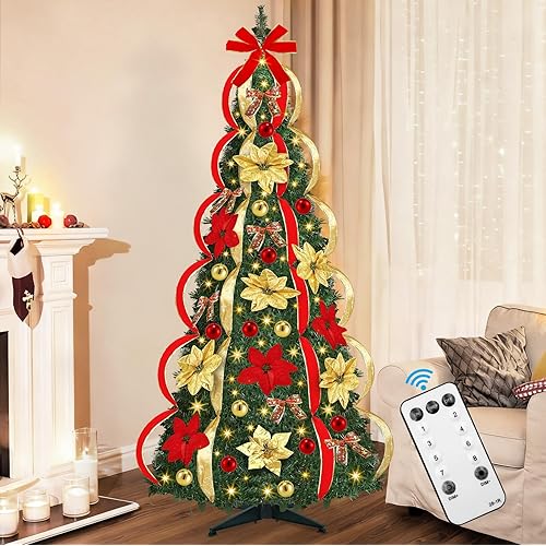 [ 8 Modes & Timer ] 6 Ft Prelit Full Pop Up Christmas Tree with 200 Warm White LED Lights, Ornaments, Red & Gold Ribbon, Bows, Plug in Collapsible Christmas Trees Outdoor Indoor Christmas Decor