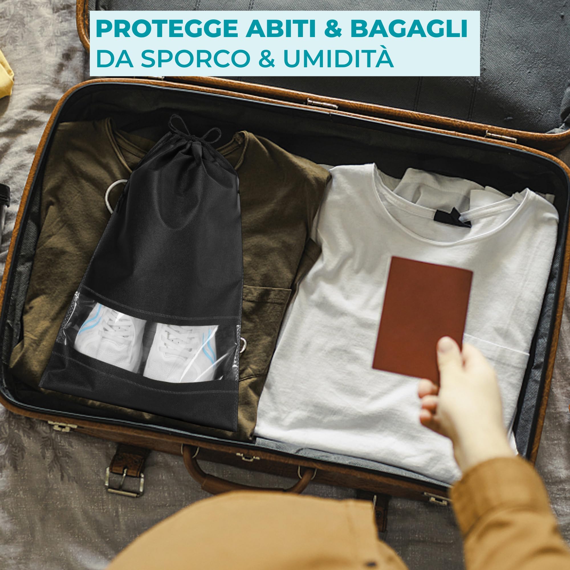 10 Borsa Scarpe da Viaggio, Sacchetti per Calzature con Coulisse e Finestrella Trasparente, Impermeabile Grande Organizzatore Portatile per Stoccaggio Scarpe per Scarpe da Uomo e da Donna
