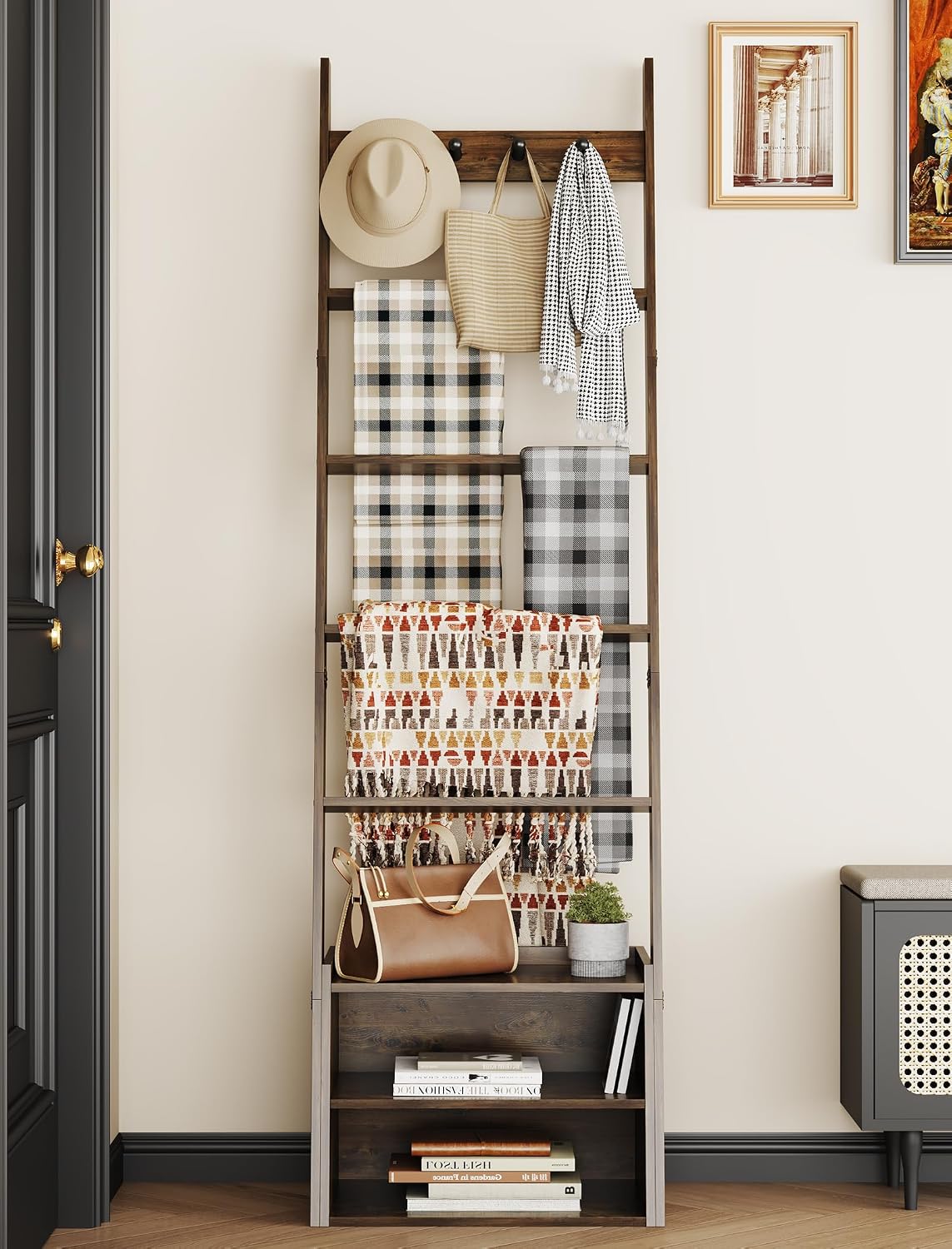 NiHome 4.65ft Blanket Ladder with Wood Shelf & 4 Hooks | Thickened Wood Base Prevents Slips & Floor Scratches. Top EVA Pads Protect Walls. Includes 4 Hooks for Bags & Hats.