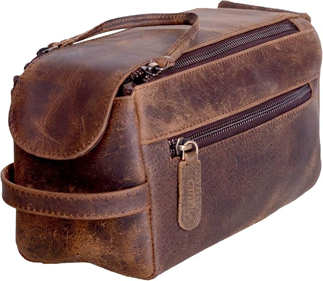 KOMALC Premium Buffalo Leather Unisex Toiletry Bag Travel Dopp Kit (Distressed Tan)