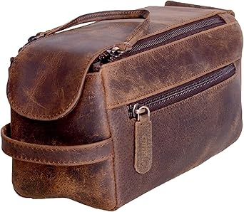 KomalC Premium Buffalo Leather Toiletry Bag for Men & Women With Water resistant Lining, Grooming Travel Pouch, Unisex Wash Bag for Toiletries, Gifts for Men and Women