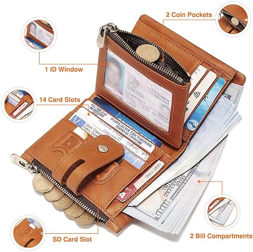 Miniatura 2 de Cartera con cadena, monedero de cuero genuino con bloqueo RFID, doble cremallera, bolsillo para monedas con cadena antirrobo, carteras de cadena a