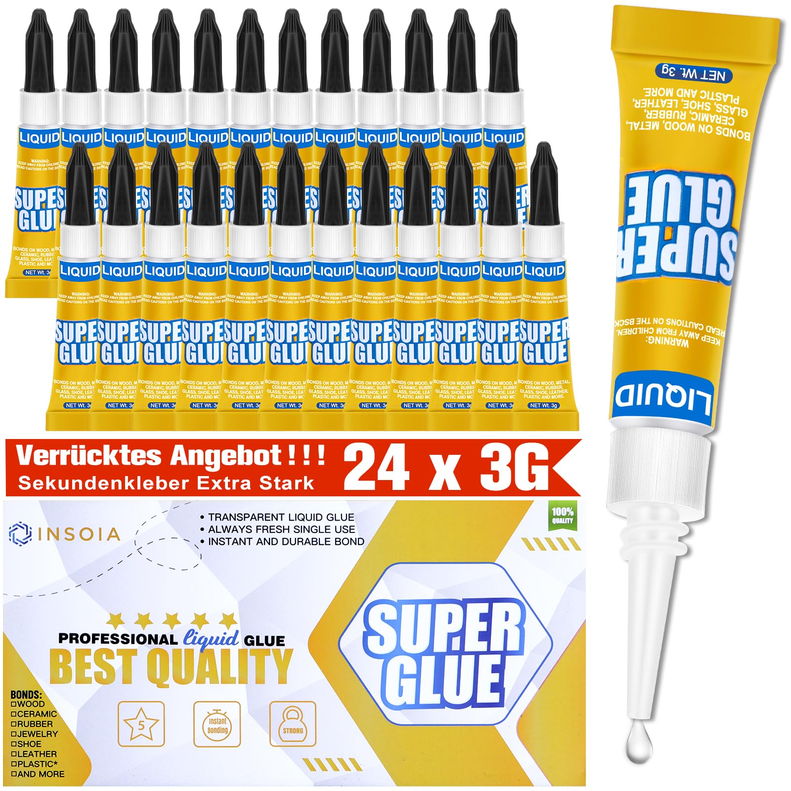 Sekundenkleber Flüssig (24er-Pack x 3g) – extra stark & wasserfest Superkleber für schnelle, flexible Sofortreparaturen, transparent kontakt Kleber für Kunststoff, Holz, Porzellan, Glas uvm.