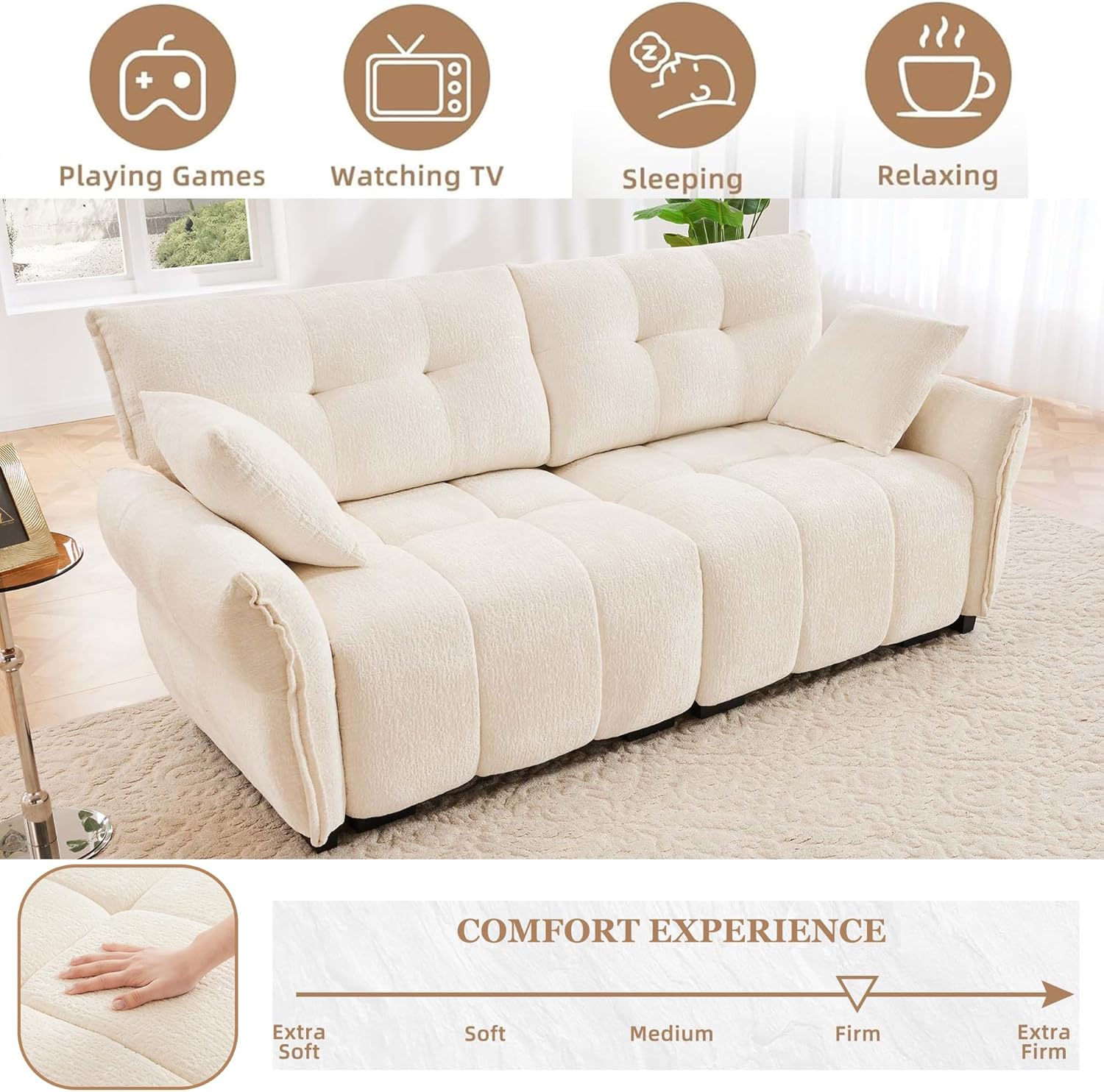 78.7" Oversized Cloud Couch, Comfy Chenille 2-Seater Sofa with Two Pillows, Soft Couches Deep Seat Loveseat for Living Room, Lounge, Office Space (White, 2 Seat)