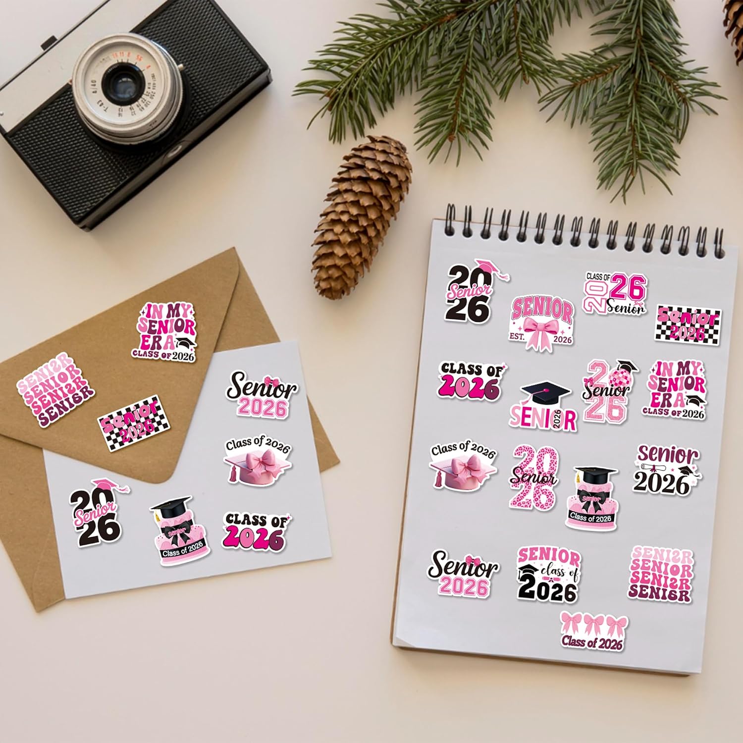 Senior 2026 Roll Stickers - 1000PCS Cute Girly Pink Graduation Stickers in 2 Rolls High School College Student Class of 2026 Graduation Self-Adhesive Sticker for Scrapbooking Laptop Decor