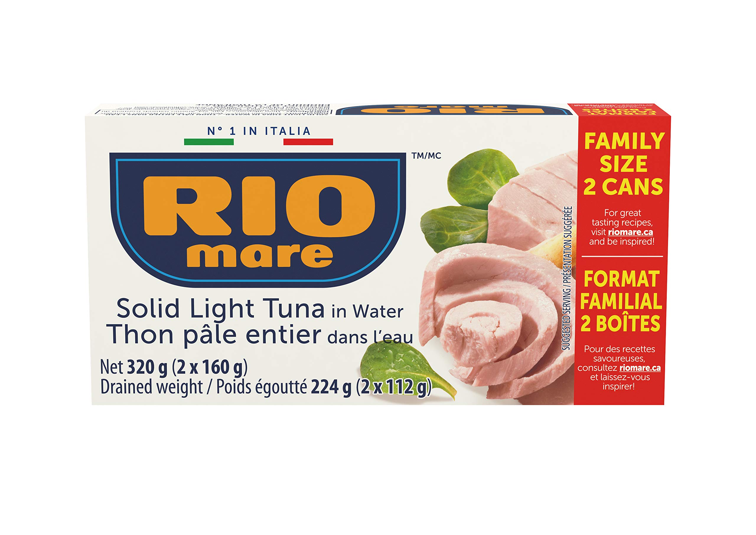Rio Mare - Solid Light Tuna in Water - Canned Tuna in Water, High in Protein, Ready to Eat Snack - 160g (2 Cans)